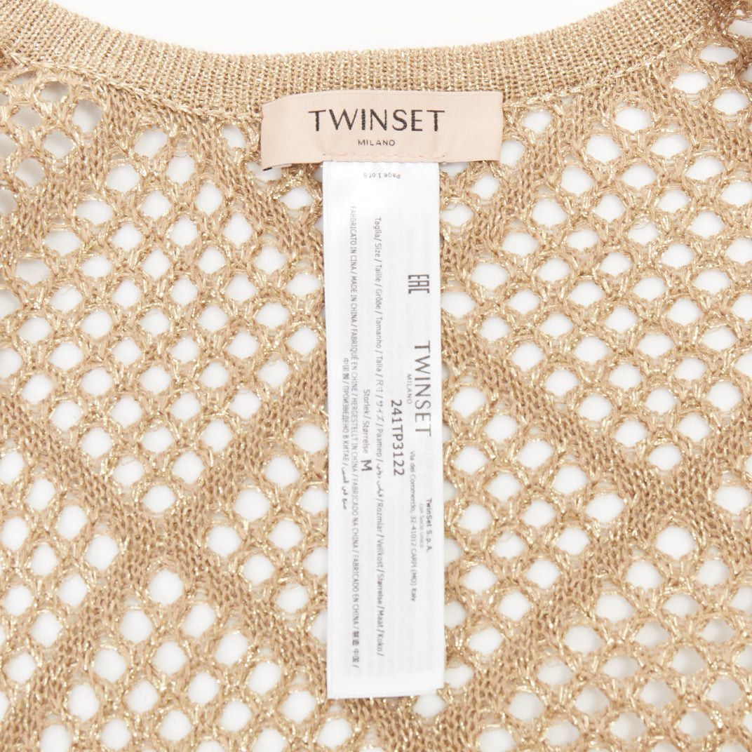 TWINSET TWINSET 2024 metallic gold lurex mesh diamond open knit lace trim long cardigan M Size M / US 6-8 / IT 42-44 - 9 Thumbnail
