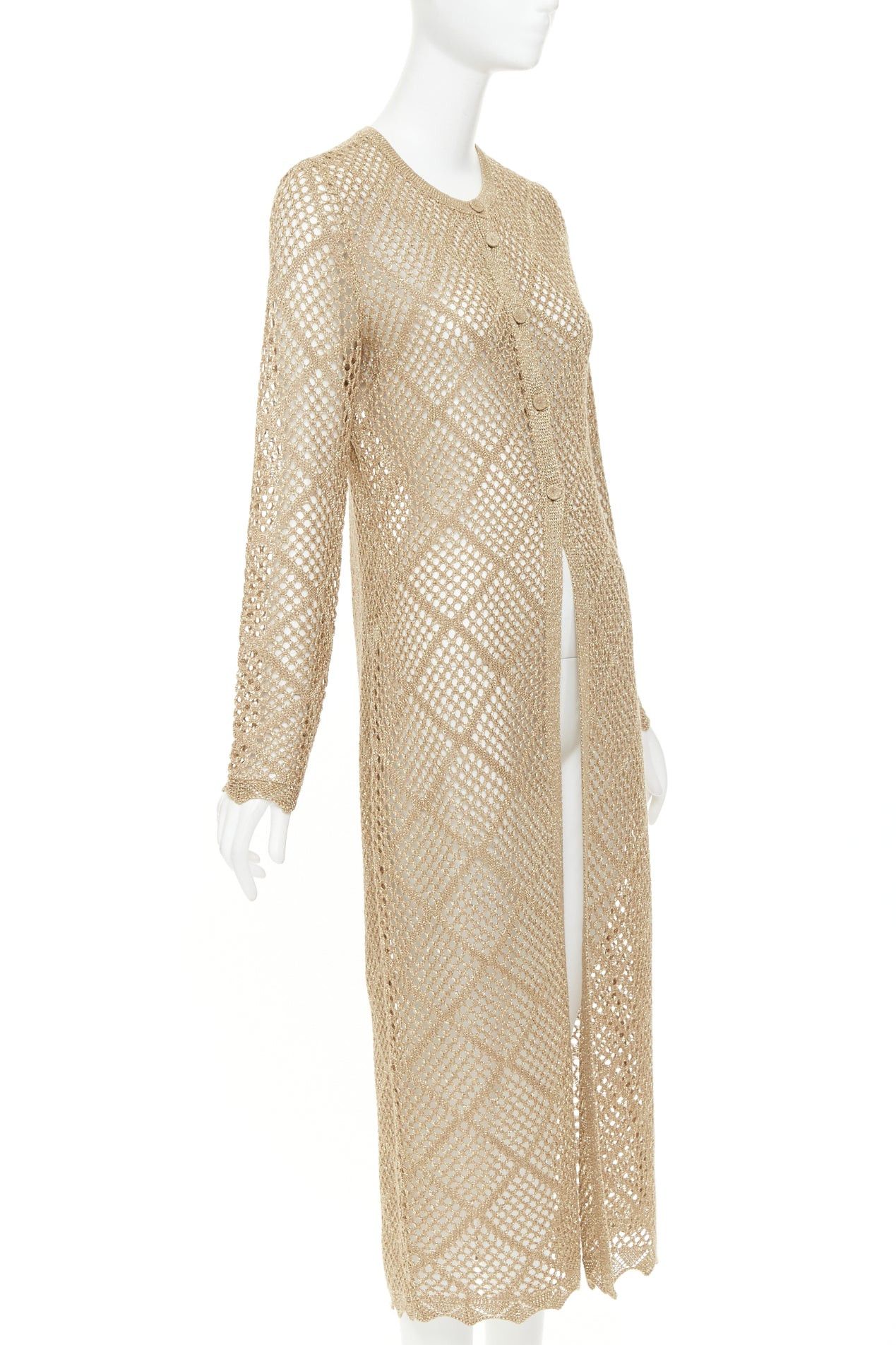 TWINSET TWINSET 2024 metallic gold lurex mesh diamond open knit lace trim long cardigan M Size M / US 6-8 / IT 42-44 - 4 Thumbnail