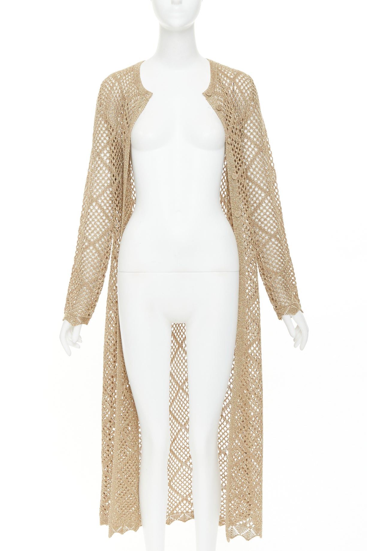 TWINSET TWINSET 2024 metallic gold lurex mesh diamond open knit lace trim long cardigan M Size M / US 6-8 / IT 42-44 - 3 Thumbnail