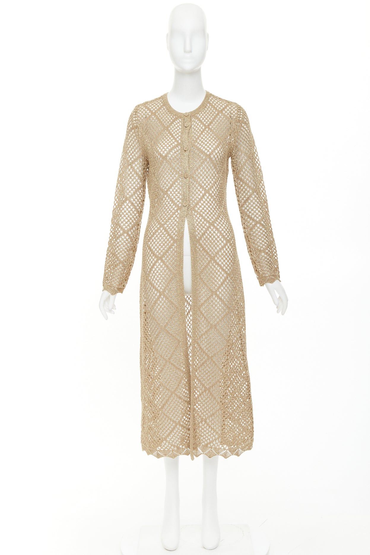 TWINSET TWINSET 2024 metallic gold lurex mesh diamond open knit lace trim long cardigan M Size M / US 6-8 / IT 42-44 - 10 Thumbnail