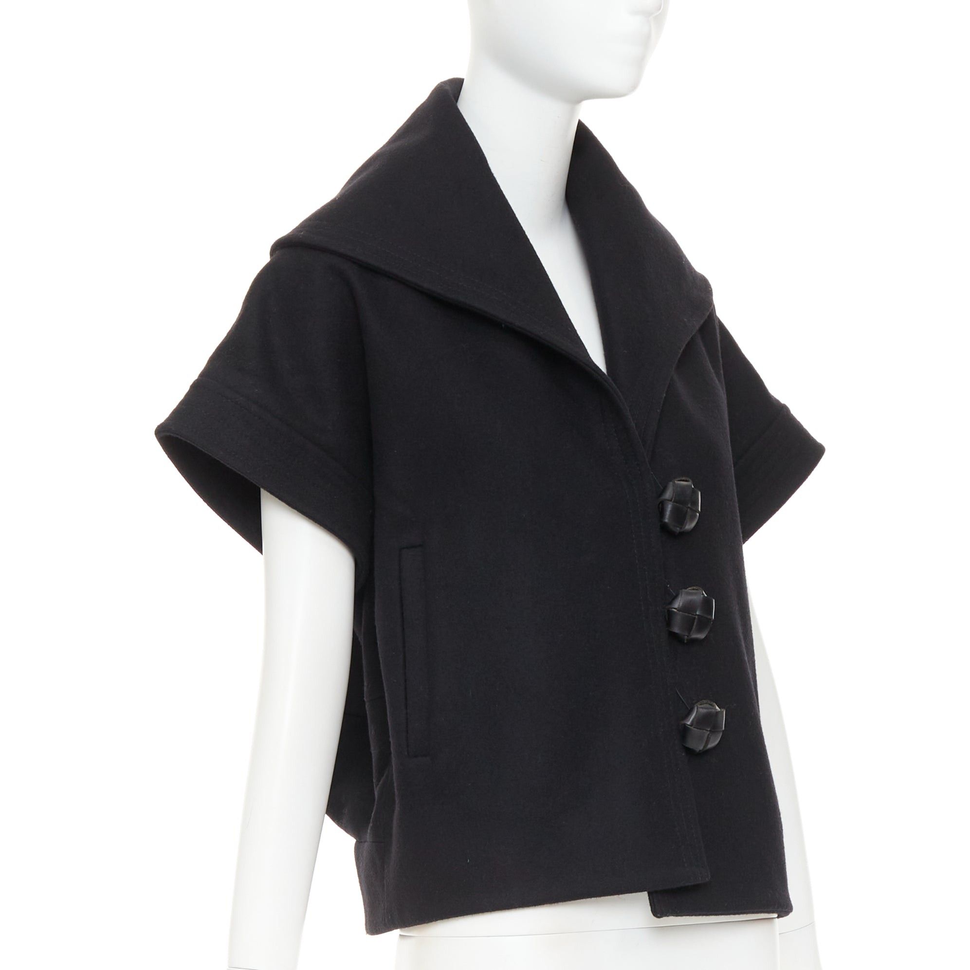 Stella McCartney STELLA MCCARTNEY 2005 black wool cashmere wide collar woven buttons short sleeve coat IT40 S Size S / US 4 / IT 40 - 3 Thumbnail