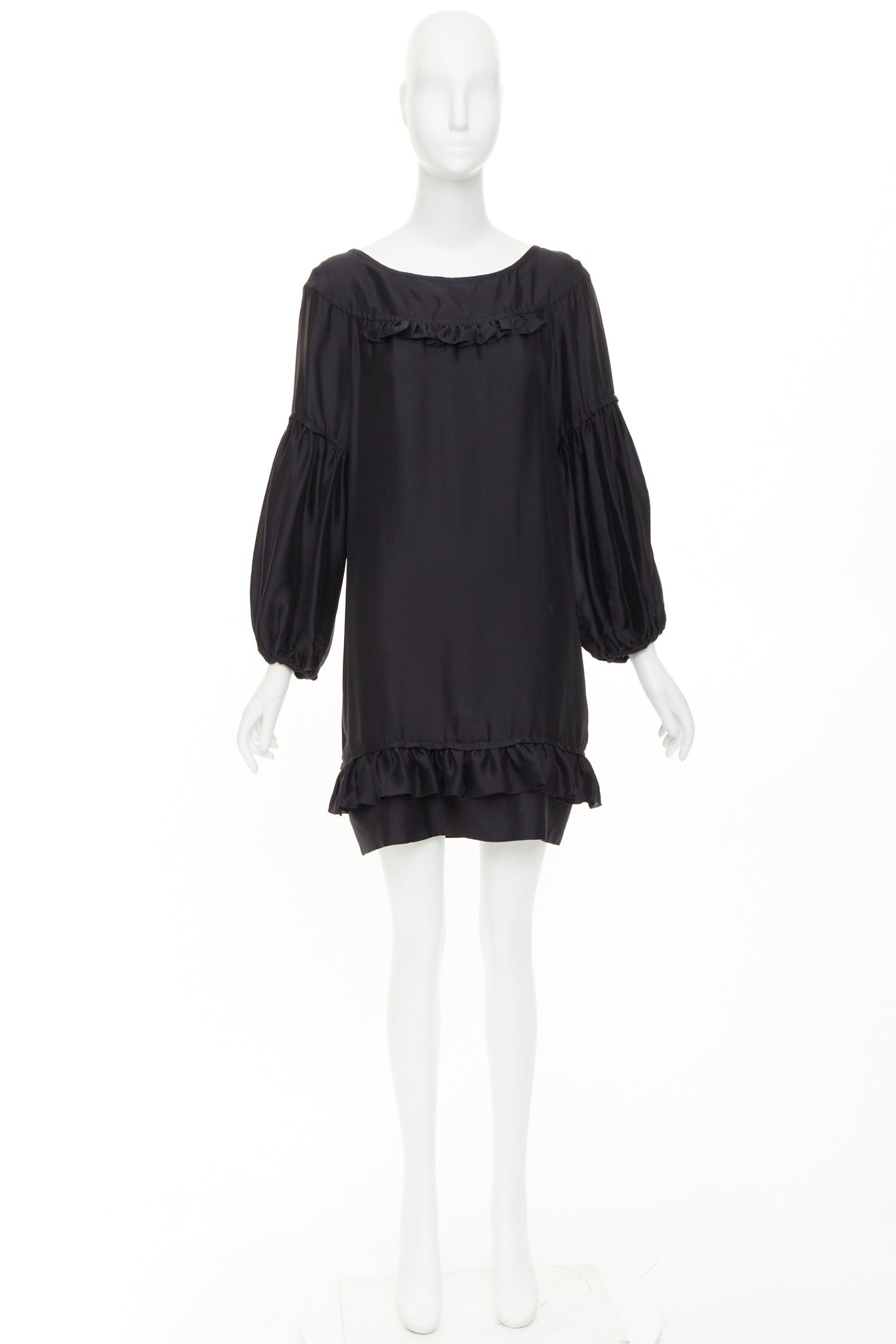 Stella McCartney STELLA MCCARTNEY 2007 black silk ruffle trim puff sleeve baby doll short dress IT40 S Size S / US 4 / IT 40 - 9 Thumbnail