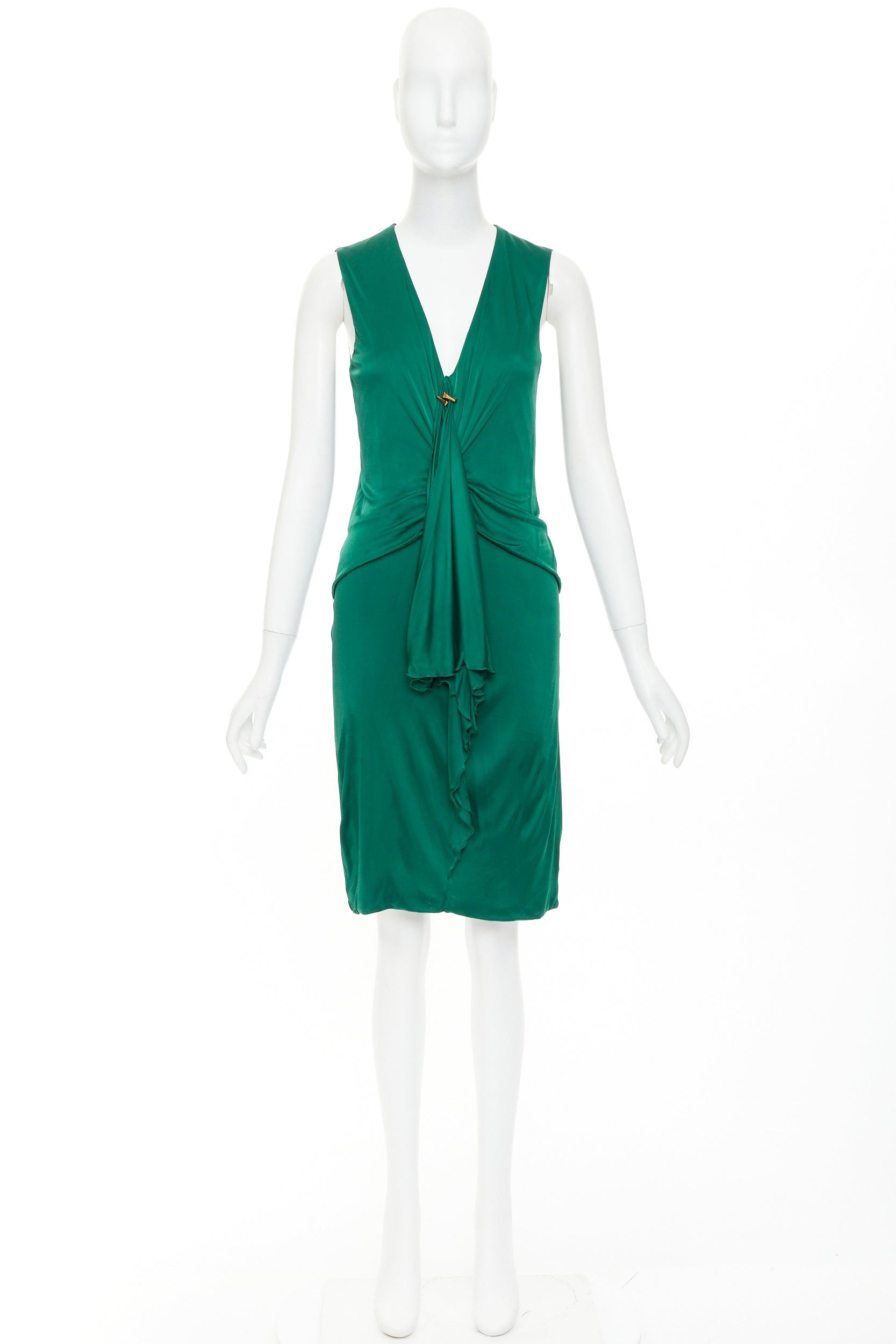 Gucci GUCCI 2008 emerald green viscose gold hardware draped V neck midi dress L Size M / US 6-8 / IT 42-44 - 9 Thumbnail