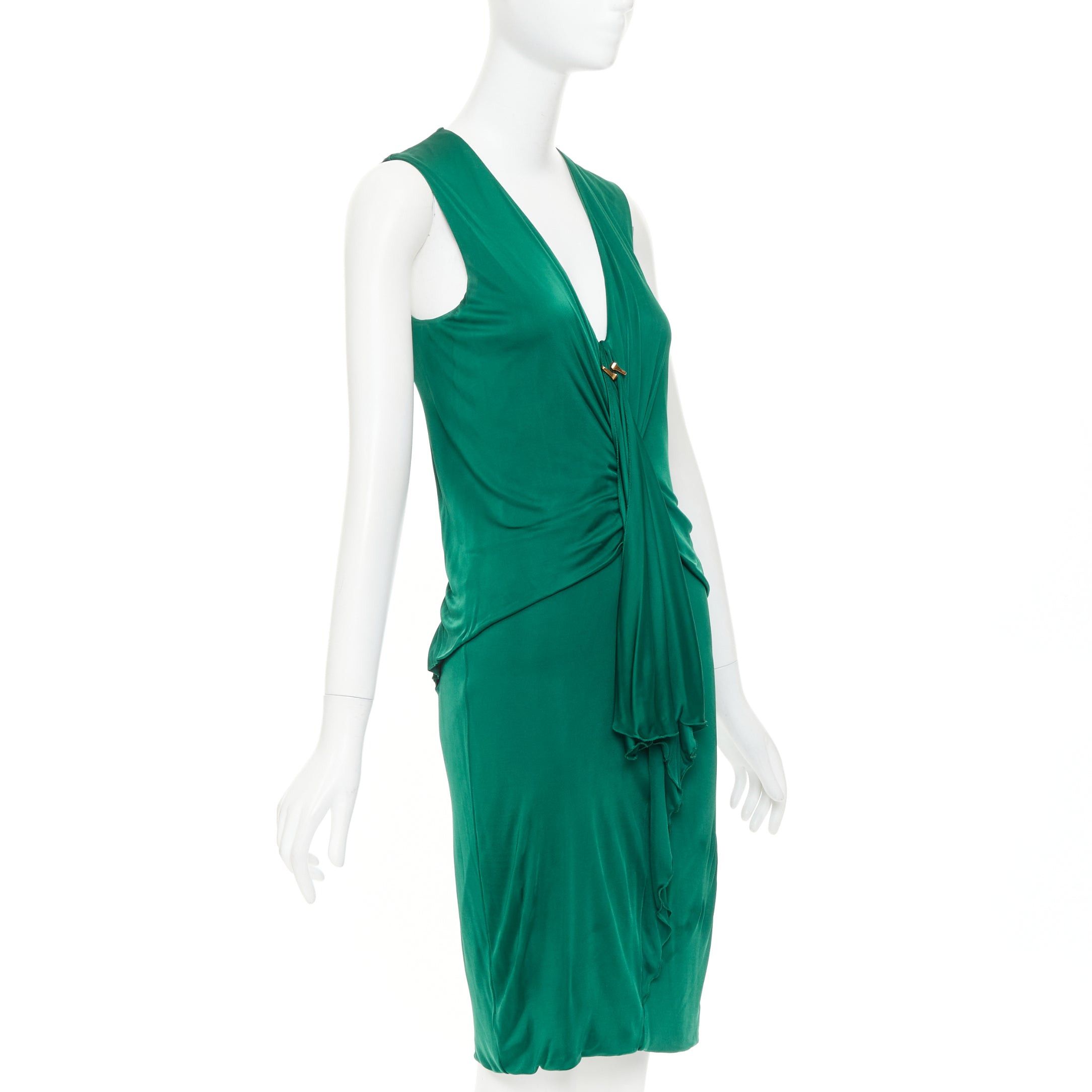 Gucci GUCCI 2008 emerald green viscose gold hardware draped V neck midi dress L Size M / US 6-8 / IT 42-44 - 3 Thumbnail