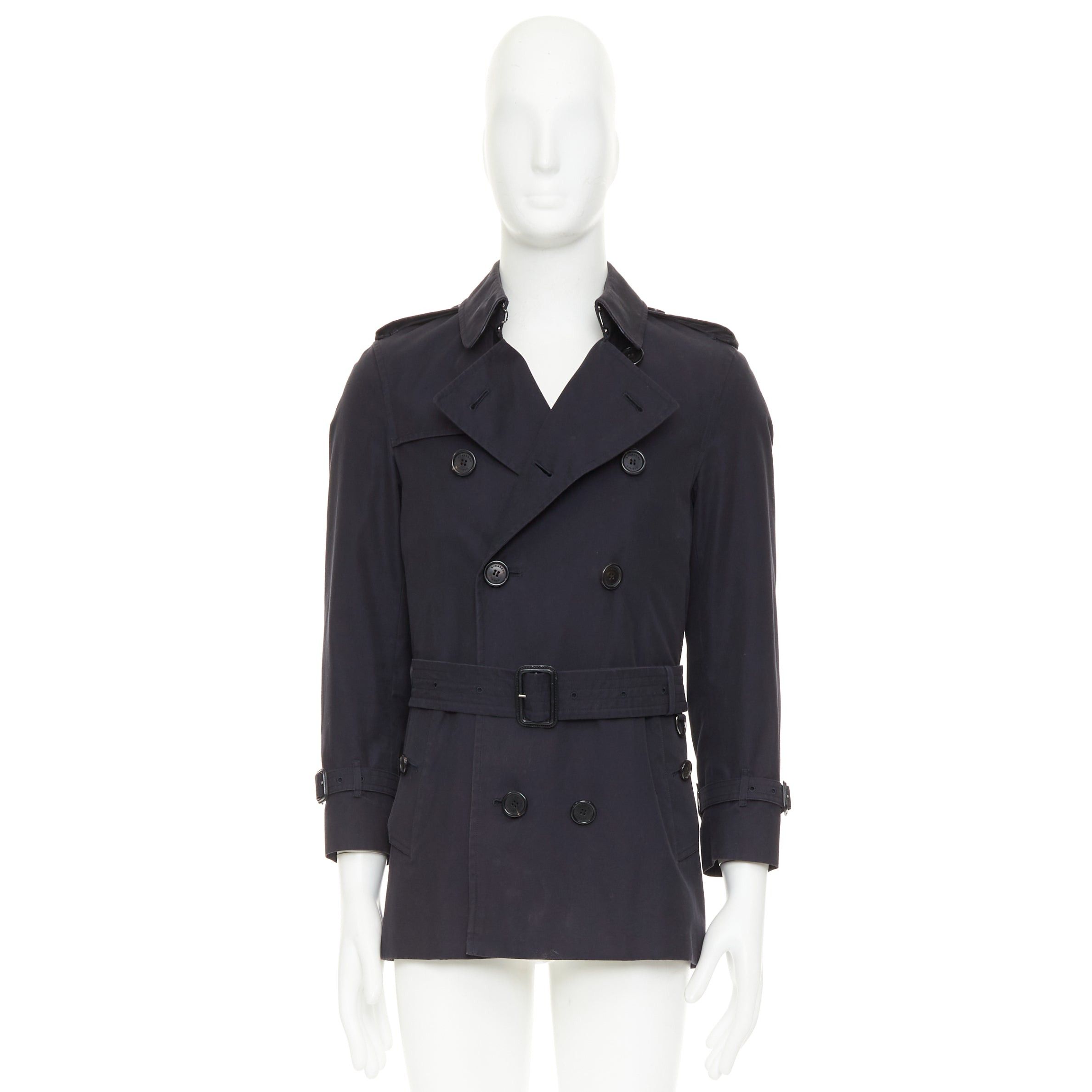 Burberry BURBERRY Prorsum 2011 black cotton twill double breasted leather trim beltedtrench coat EU46 S Size US S / EU 44-46 / 1 - 9 Thumbnail