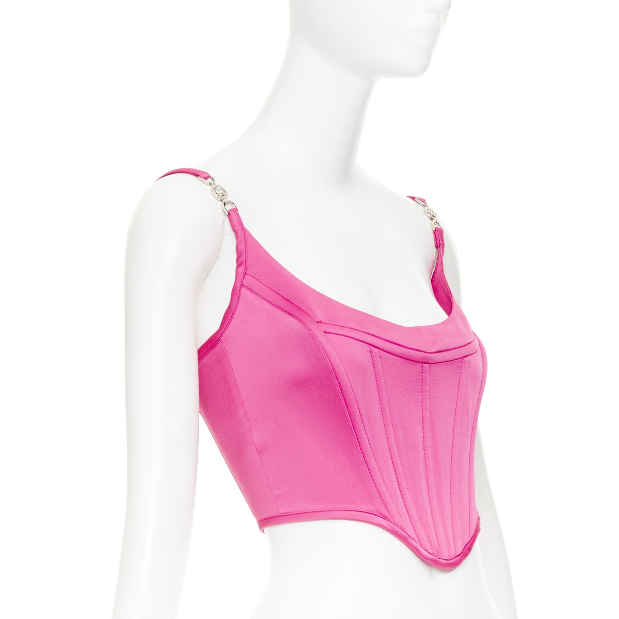 Versace new VERSACE Medusa '95 Satin Waterlilly fuschia pink boned silver buckle crop top IT42 M Size M / US 6-8 / IT 42-44 - 3 Thumbnail