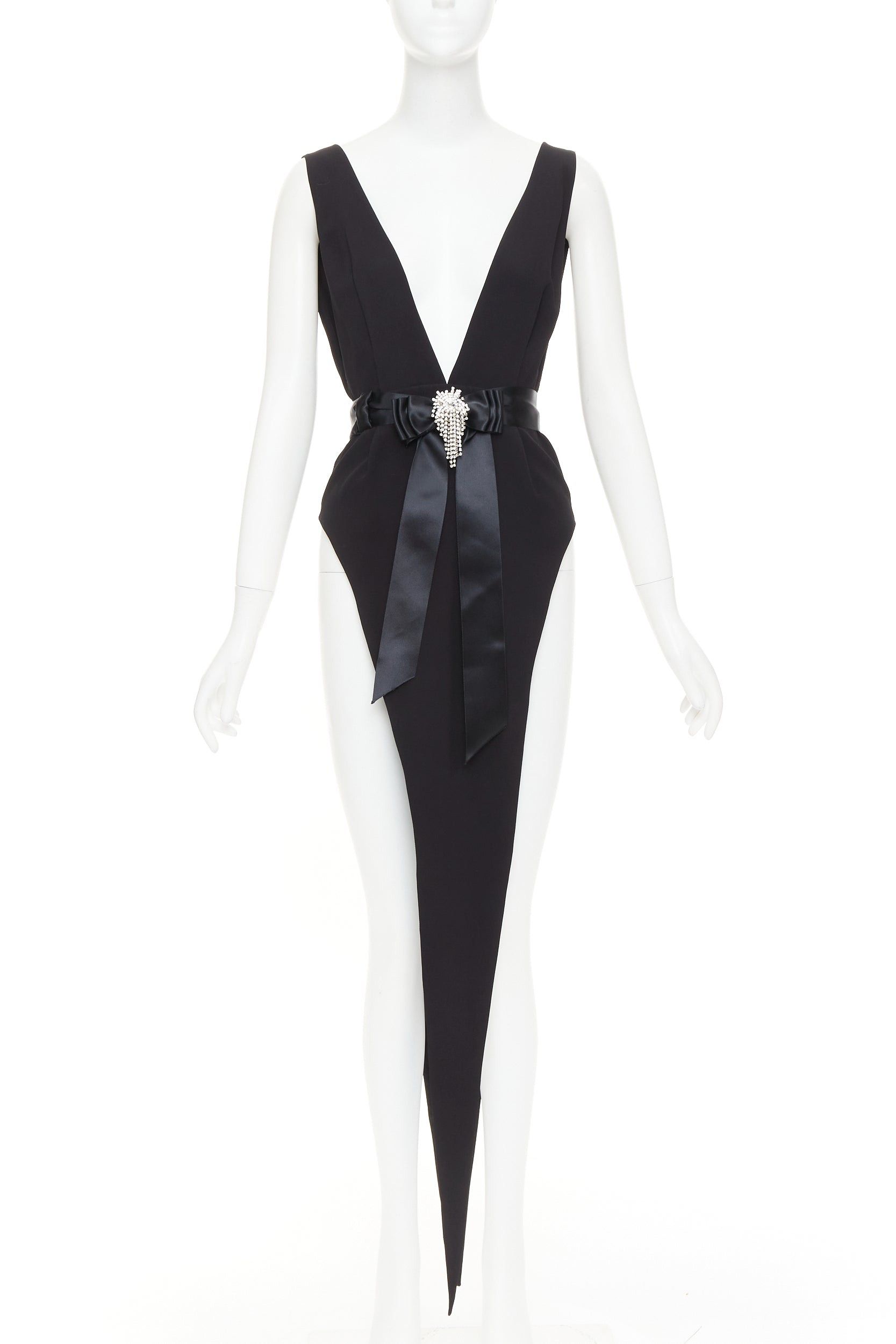Alexandre Vauthier ALEXANDRE VAUTHIER COUTURE 2021 Runway black plunge neck crystal brooch belt high slit bodysuit dress Size S / US 4 / IT 40 - 3 Thumbnail