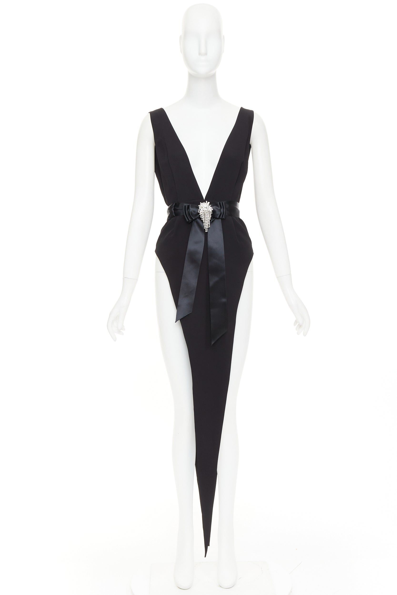 Alexandre Vauthier ALEXANDRE VAUTHIER COUTURE 2021 Runway black plunge neck crystal brooch belt high slit bodysuit dress Size S / US 4 / IT 40 - 9 Thumbnail