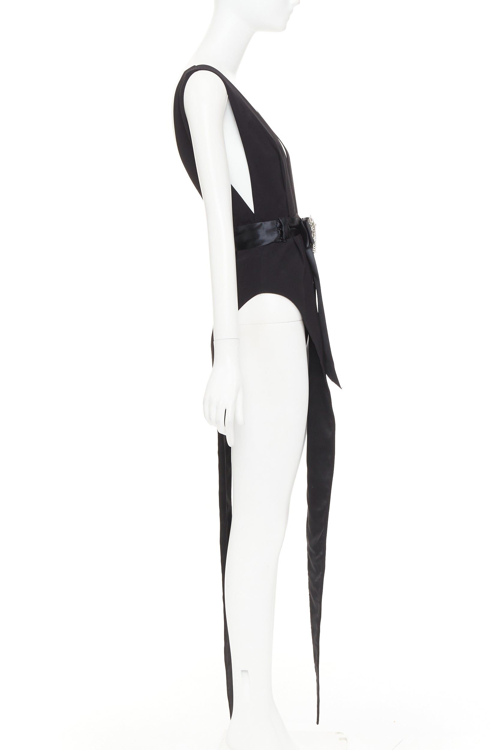 Alexandre Vauthier ALEXANDRE VAUTHIER COUTURE 2021 Runway black plunge neck crystal brooch belt high slit bodysuit dress Size S / US 4 / IT 40 - 4 Thumbnail