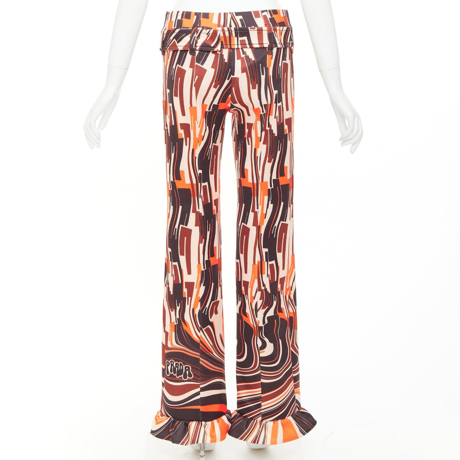 Prada PRADA 2019 Runway orange black geometric print belted ruffled hem pants IT38 XS Size 26" / US 2 / IT 38 - 5 Thumbnail