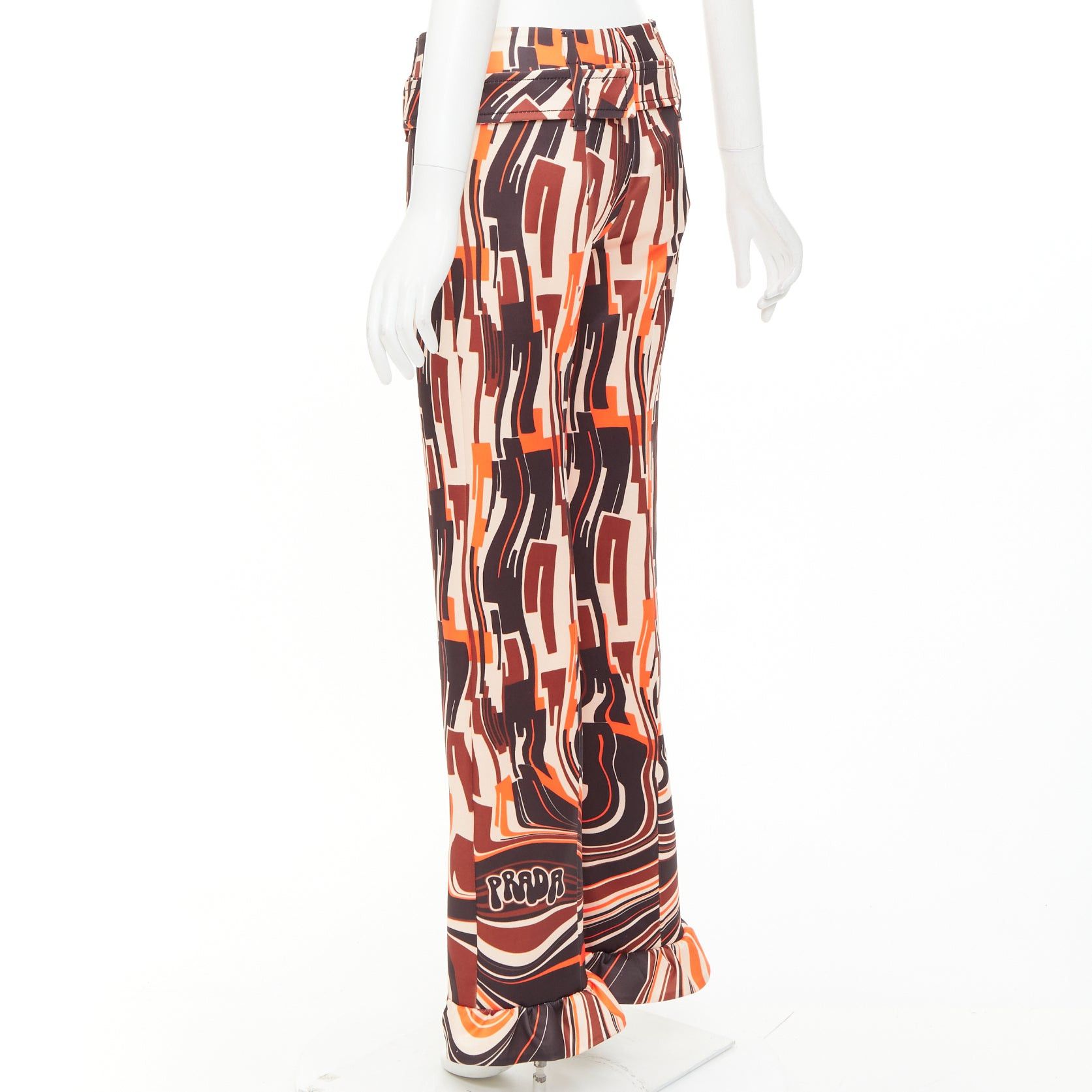 Prada PRADA 2019 Runway orange black geometric print belted ruffled hem pants IT38 XS Size 26" / US 2 / IT 38 - 6 Thumbnail