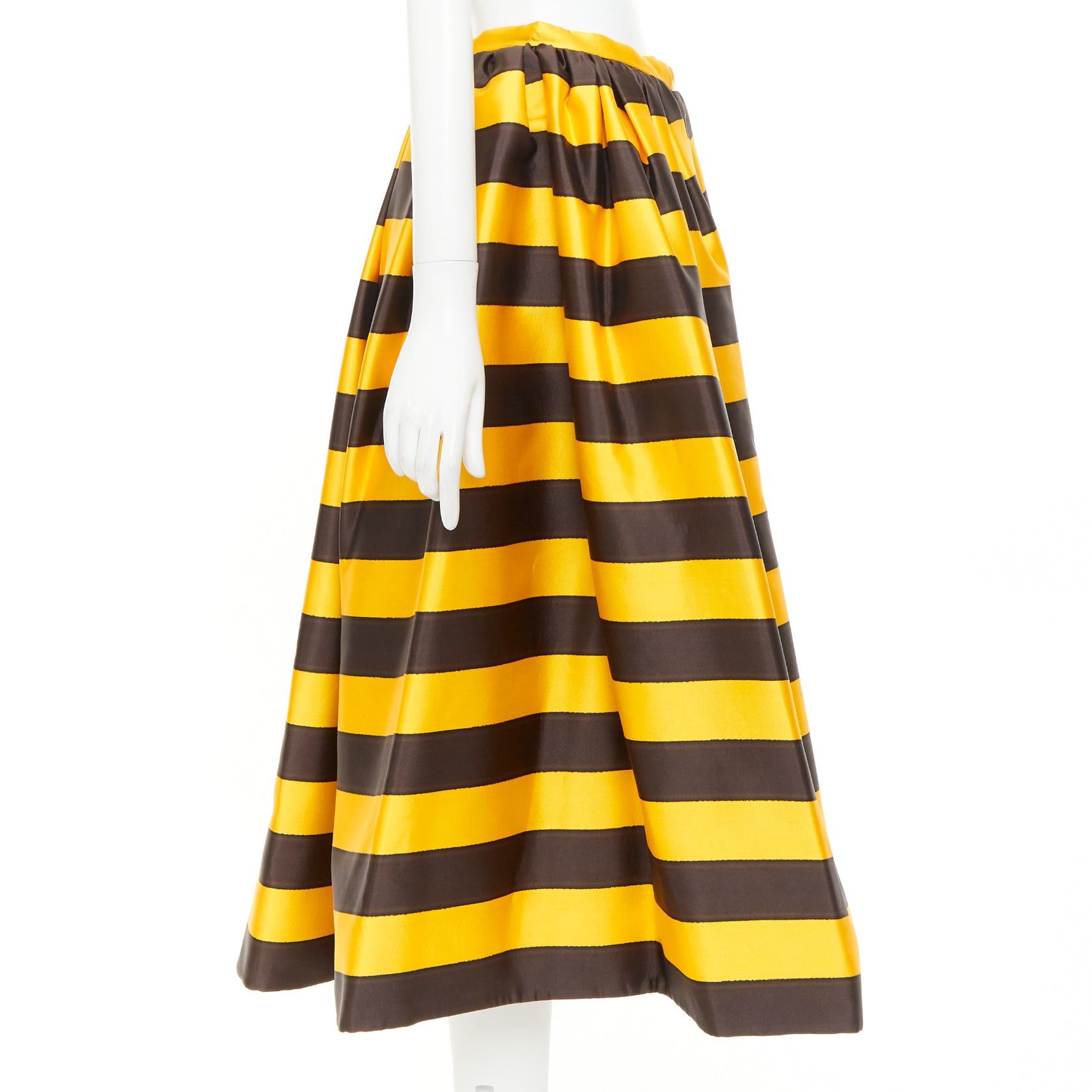 Prada rare PRADA 2022 Raf Simons Tropica yellow brown graphic silk wool striped midi full skirt IT42 M Size 28" / US 6 / IT 42 - 4 Thumbnail