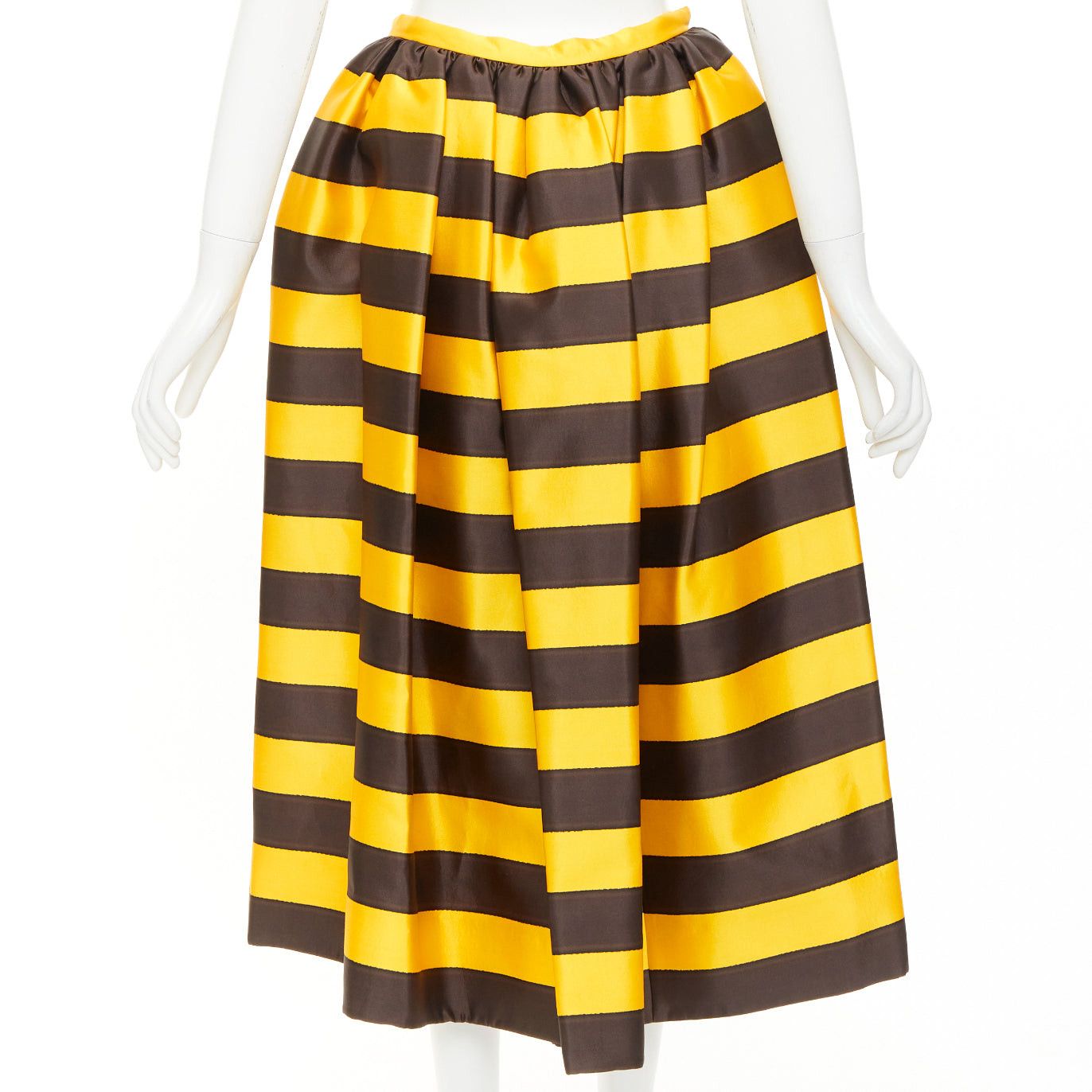 Prada rare PRADA 2022 Raf Simons Tropica yellow brown graphic silk wool striped midi full skirt IT42 M Size 28" / US 6 / IT 42 - 5 Thumbnail