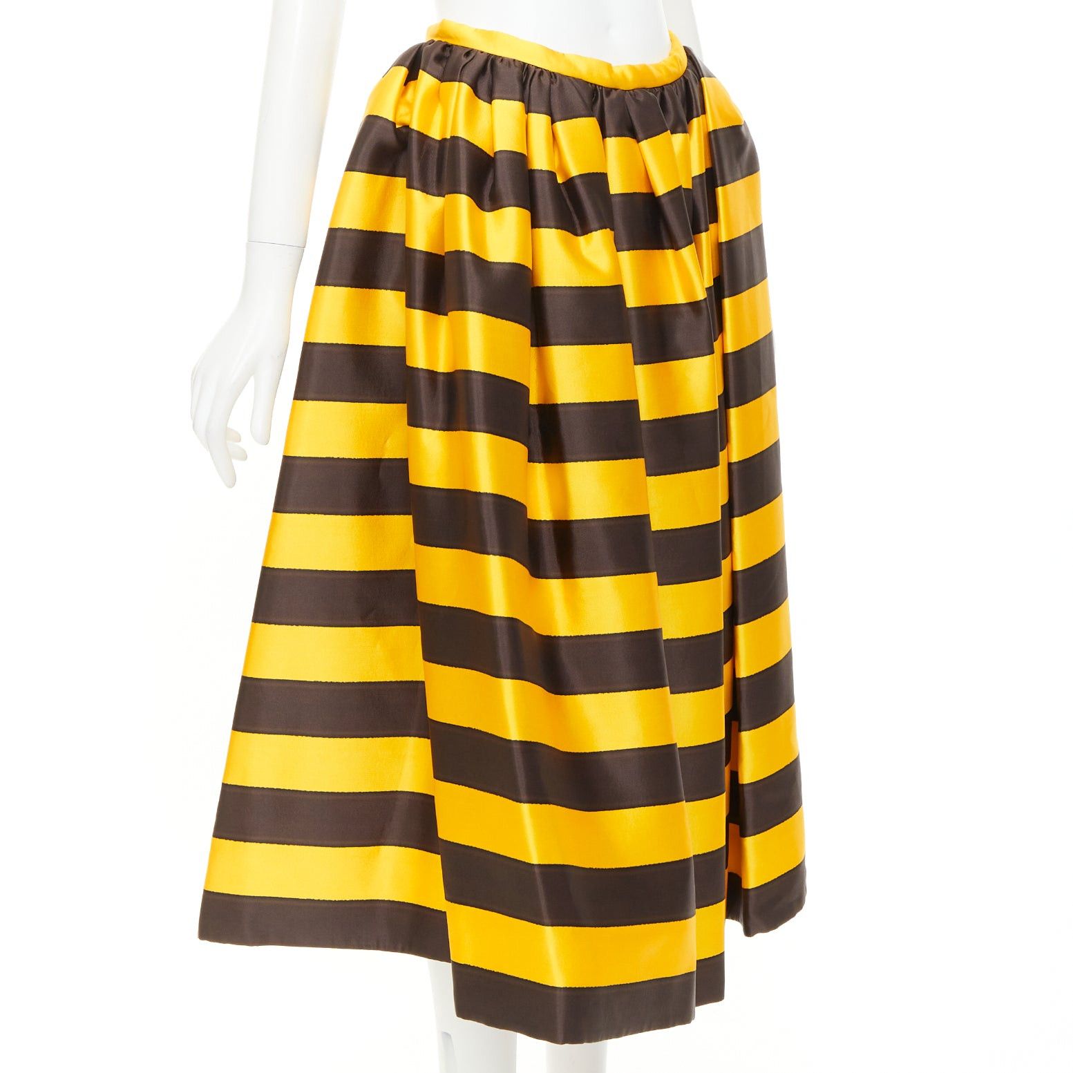 Prada rare PRADA 2022 Raf Simons Tropica yellow brown graphic silk wool striped midi full skirt IT42 M Size 28" / US 6 / IT 42 - 3 Thumbnail