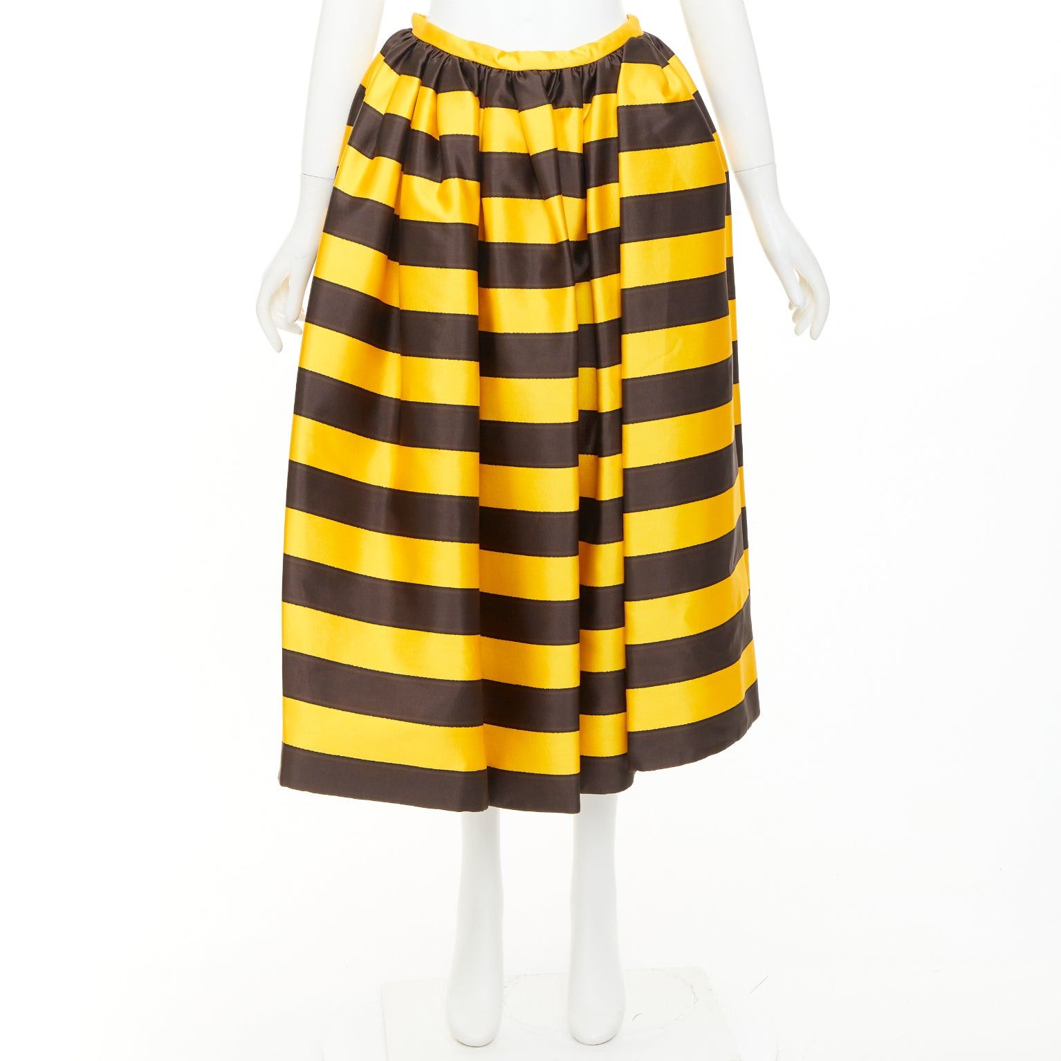 Prada rare PRADA 2022 Raf Simons Tropica yellow brown graphic silk wool striped midi full skirt IT42 M Size 28" / US 6 / IT 42 - 8 Thumbnail