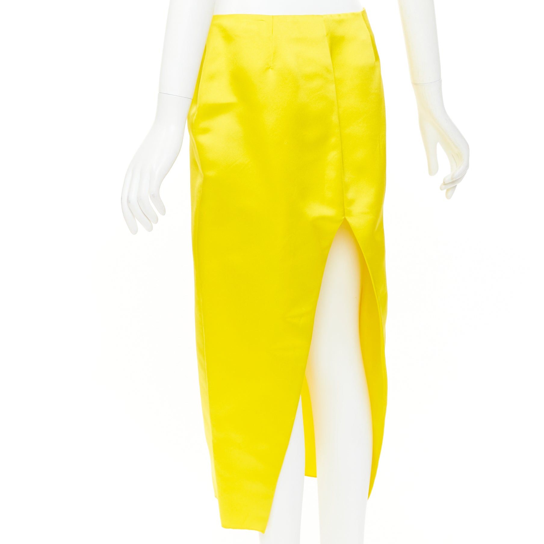 Prada PRADA 2022 Raf Simons Runway yellow satin black split high waisted midi skirt IT40 S Size 27" / US 4 / IT 40 - 5 Thumbnail