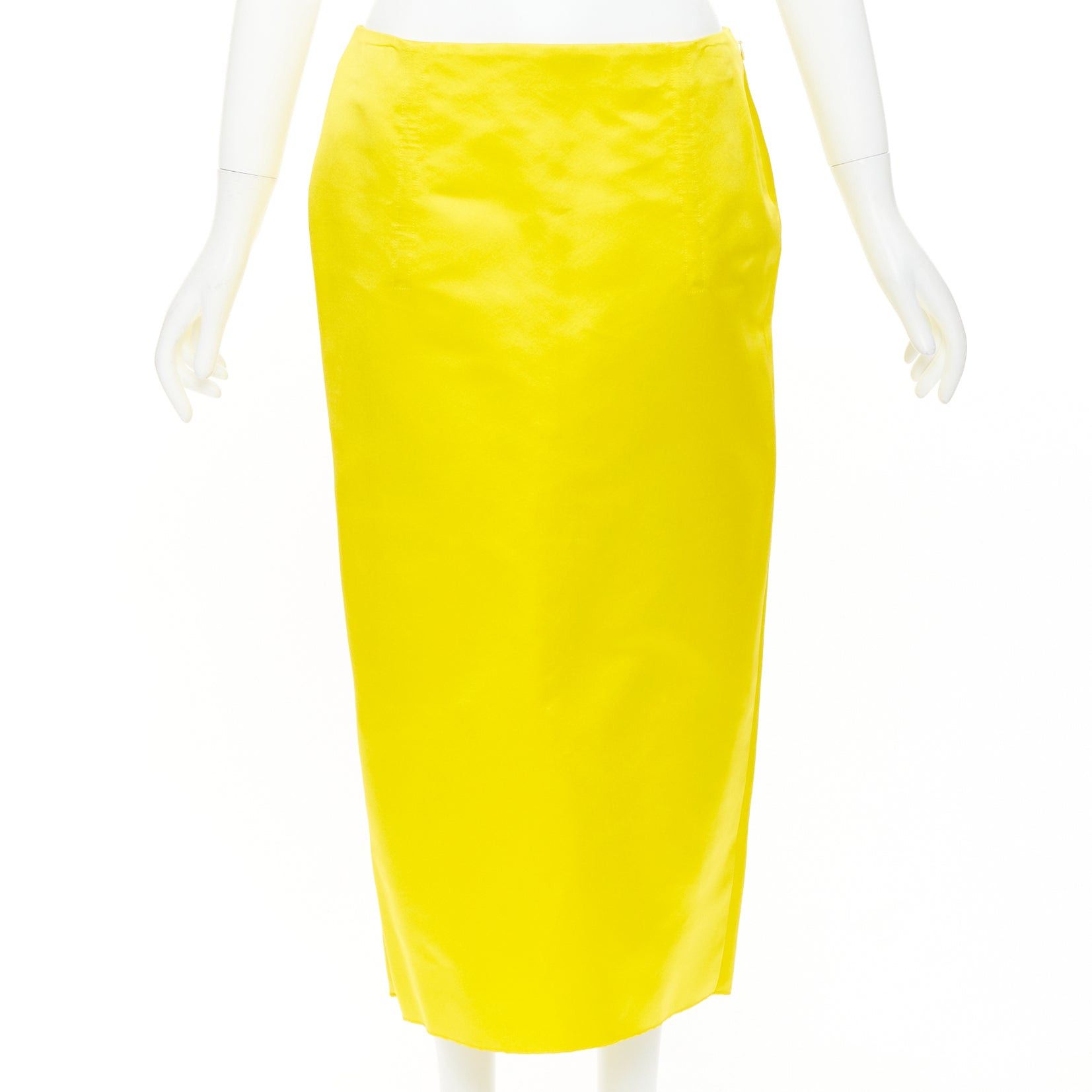 Prada PRADA 2022 Raf Simons Runway yellow satin black split high waisted midi skirt IT40 S Size 27" / US 4 / IT 40 - 2 Thumbnail
