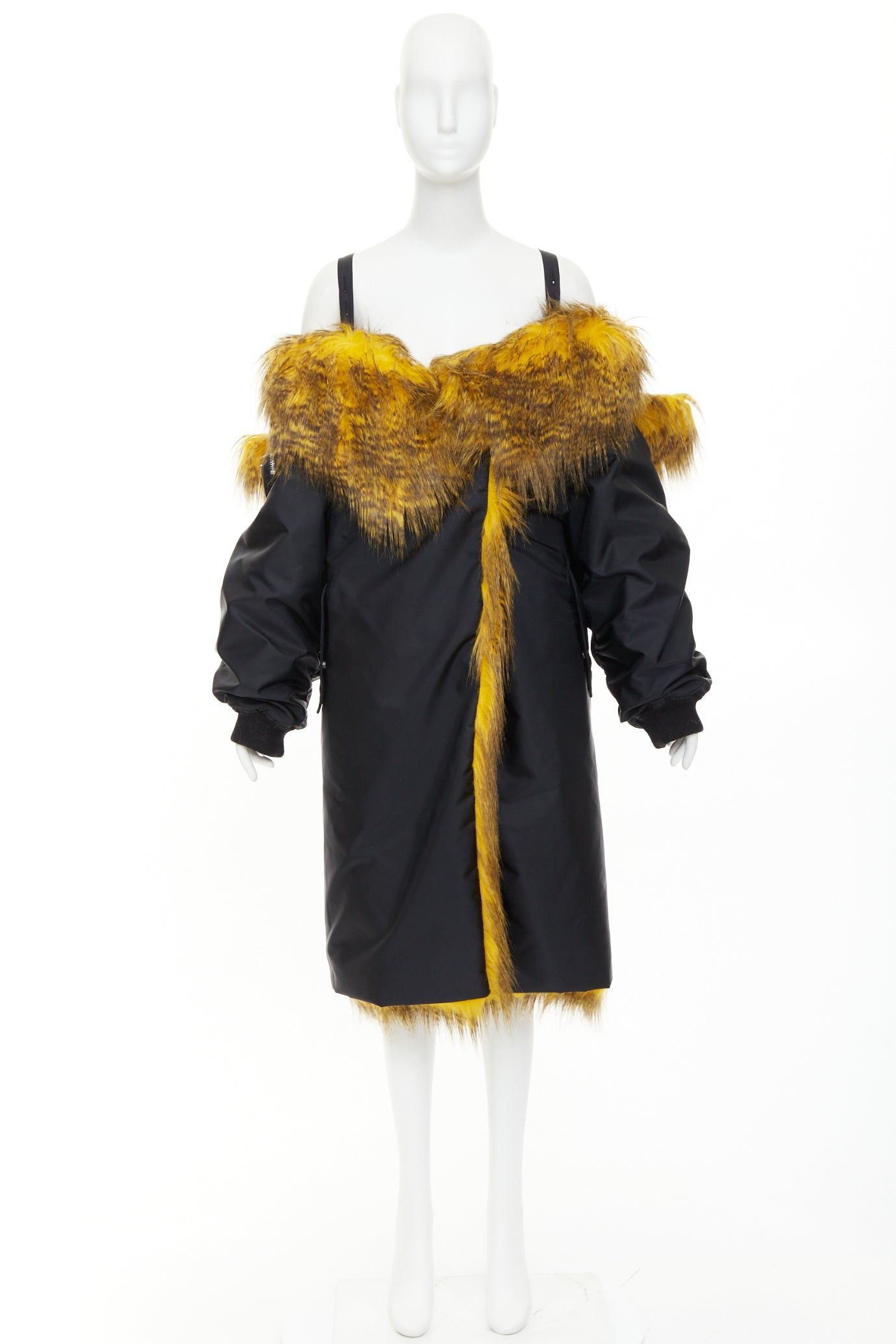 Prada rare PRADA 2021 Raf Simons Runway yellow faux fur black oversized off shoulder bomber coat IT36 XXS Size XS / US 0-2 / IT 36-38 - 9 Thumbnail