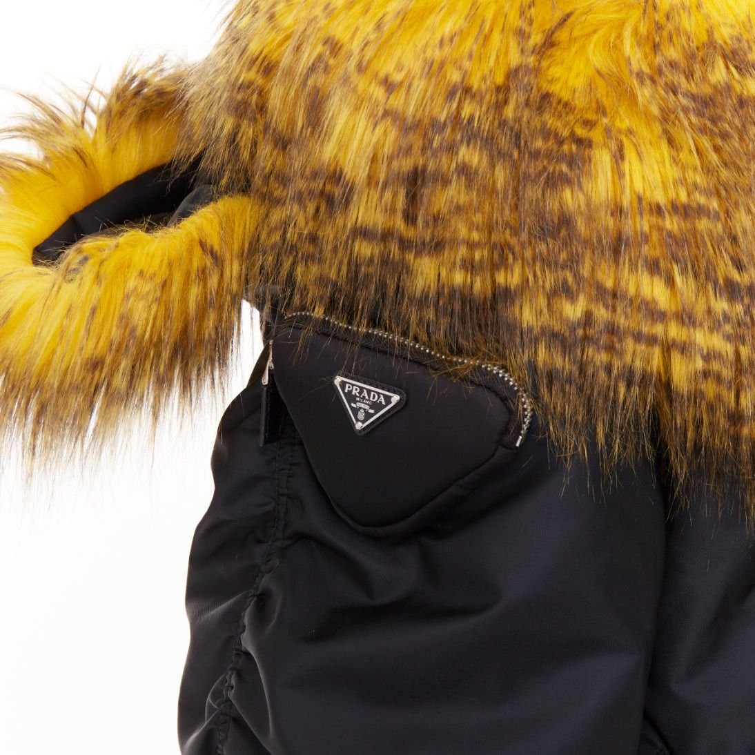 Prada rare PRADA 2021 Raf Simons Runway yellow faux fur black oversized off shoulder bomber coat IT36 XXS Size XS / US 0-2 / IT 36-38 - 2 Thumbnail