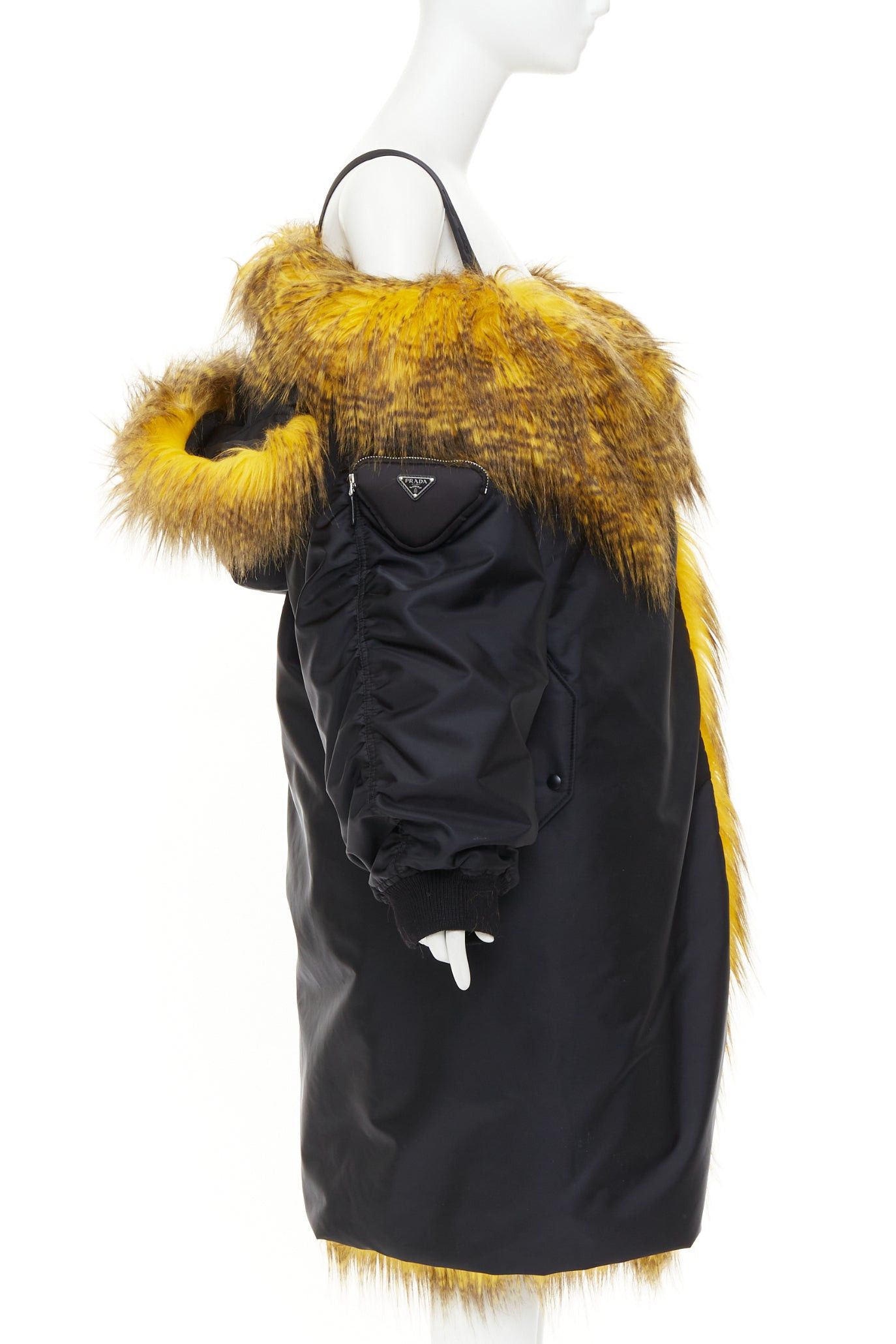 Prada rare PRADA 2021 Raf Simons Runway yellow faux fur black oversized off shoulder bomber coat IT36 XXS Size XS / US 0-2 / IT 36-38 - 4 Thumbnail