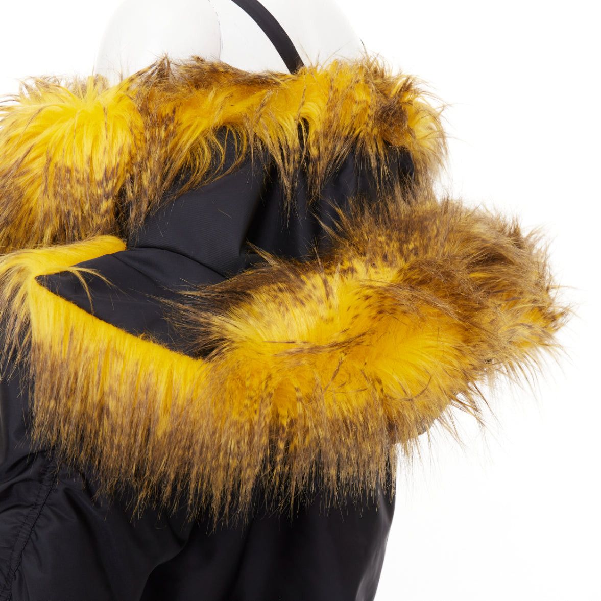 Prada rare PRADA 2021 Raf Simons Runway yellow faux fur black oversized off shoulder bomber coat IT36 XXS Size XS / US 0-2 / IT 36-38 - 7 Thumbnail