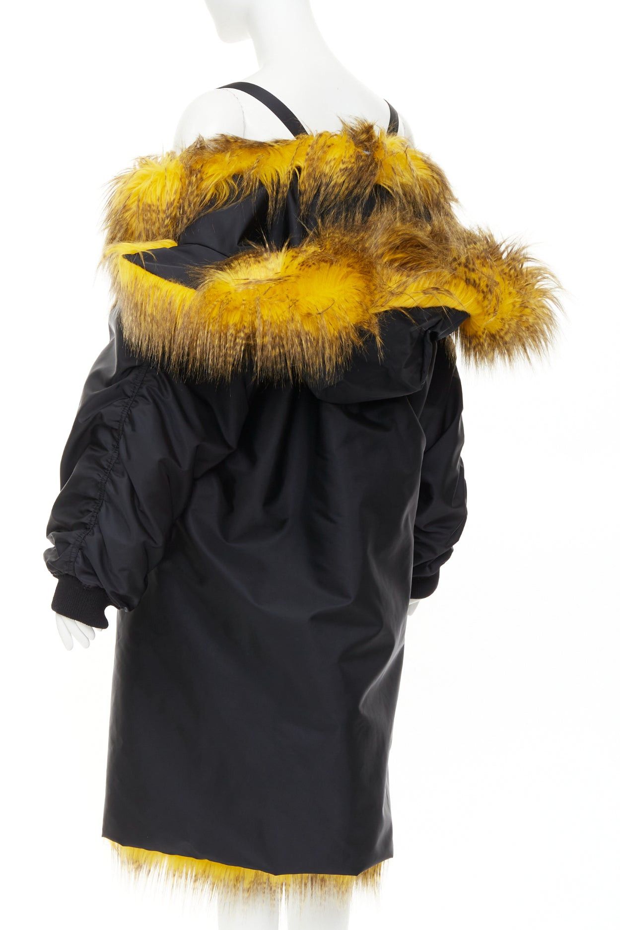 Prada rare PRADA 2021 Raf Simons Runway yellow faux fur black oversized off shoulder bomber coat IT36 XXS Size XS / US 0-2 / IT 36-38 - 6 Thumbnail