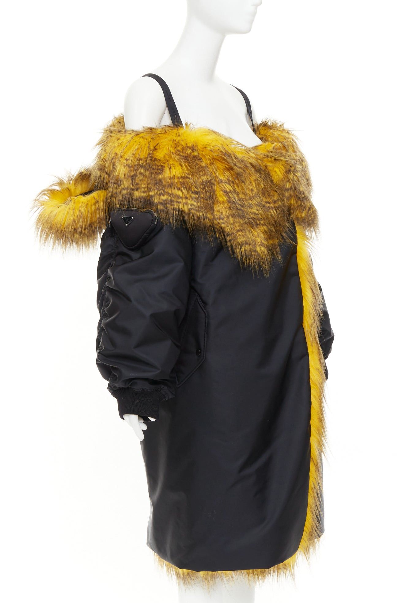 Prada rare PRADA 2021 Raf Simons Runway yellow faux fur black oversized off shoulder bomber coat IT36 XXS Size XS / US 0-2 / IT 36-38 - 3 Thumbnail