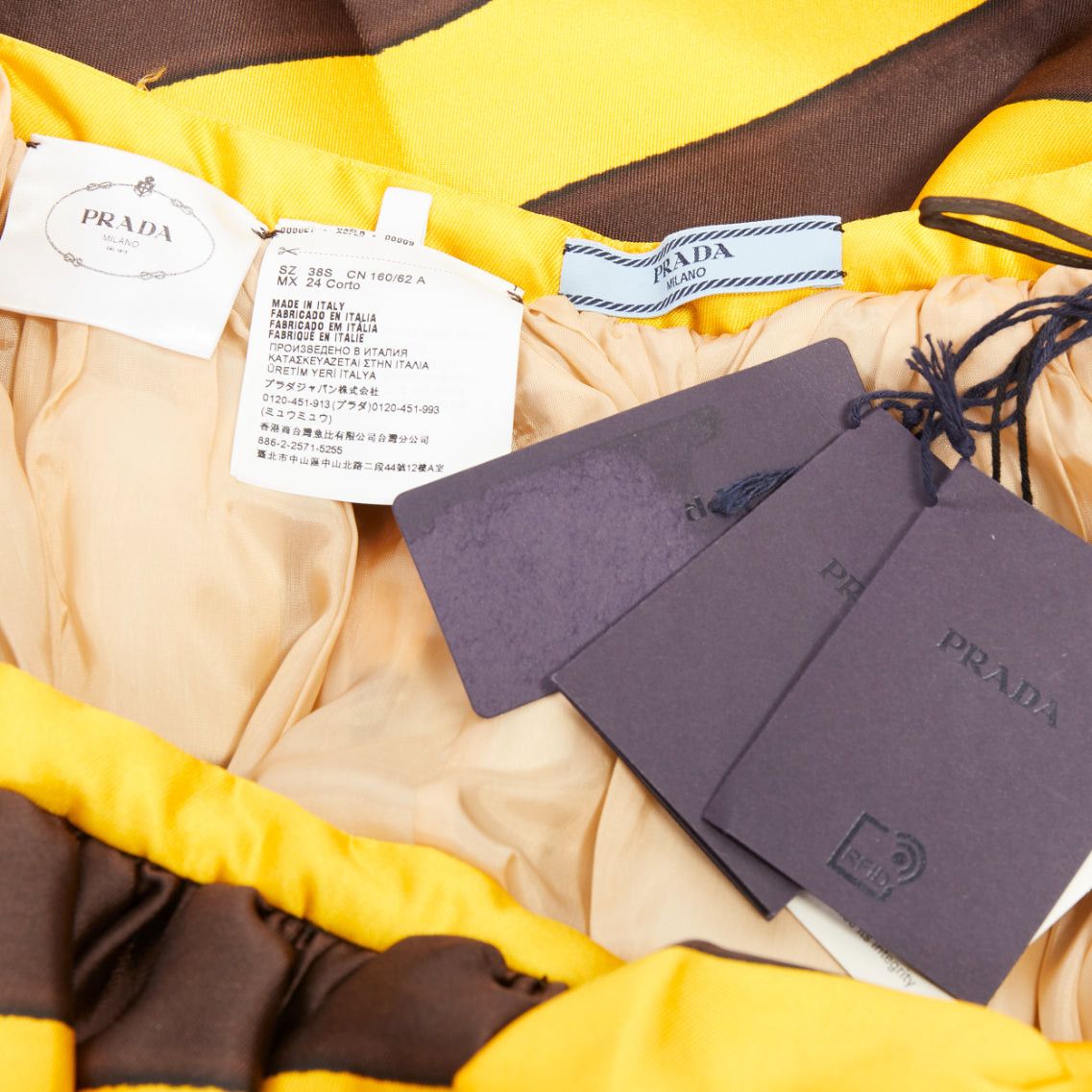 Prada rare PRADA 2022 Raf Simons Tropica yellow brown graphic silk wool striped midi full skirt IT38 XS Size 26" / US 2 / IT 38 - 8 Thumbnail