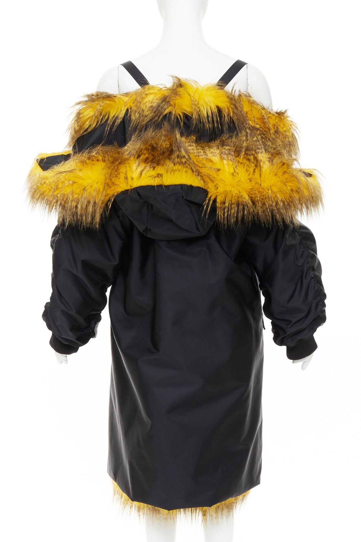 Prada rare PRADA 2021 Raf Simons Runway yellow faux fur black oversized off shoulder bomber coat IT38 XS Size XS / US 0-2 / IT 36-38 - 5 Thumbnail