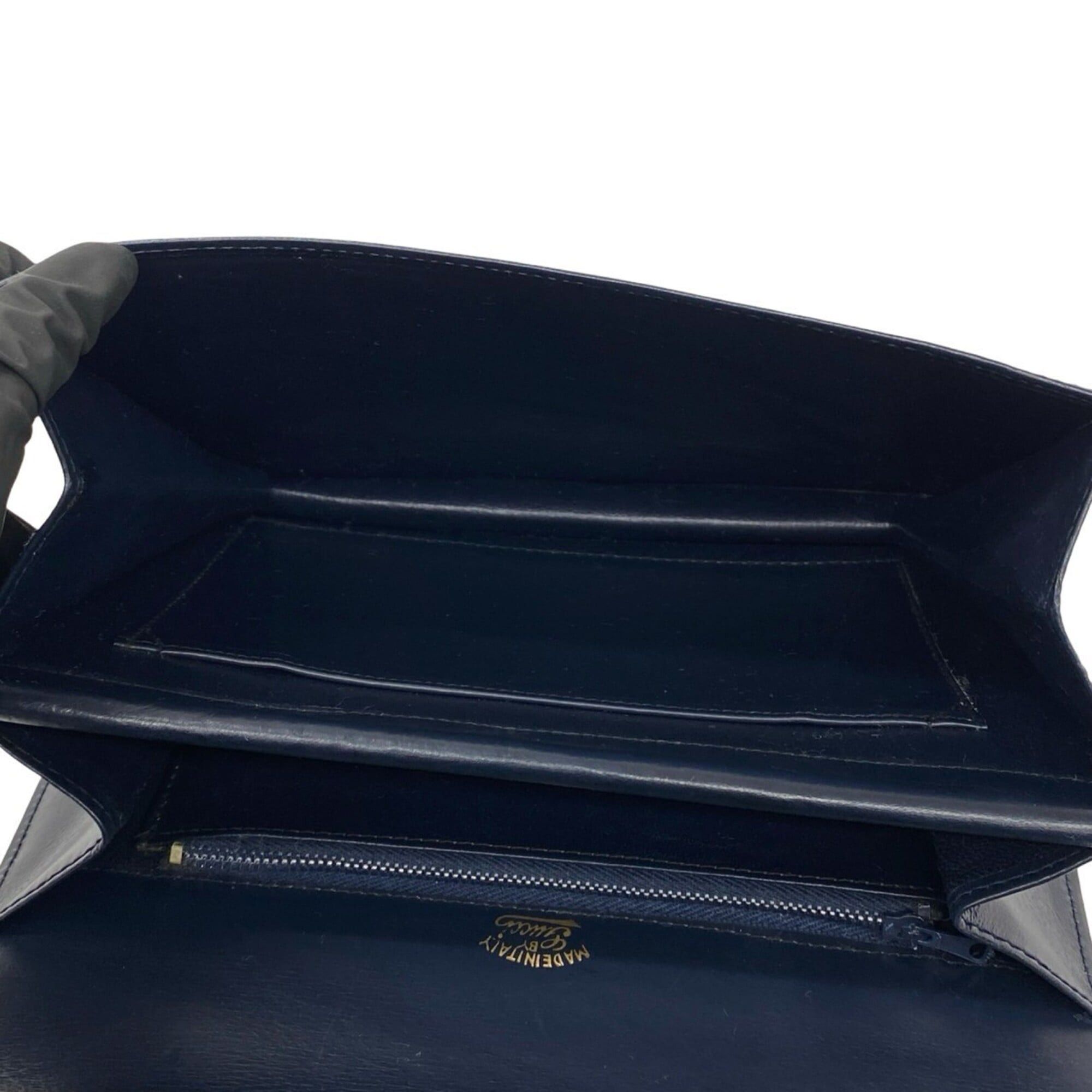 Gucci GUCCI Vintage Sherry Line Leather Semi-One Shoulder Bag with Horsebit Hardware, Navy, 20473 Size ONE SIZE - 9 Thumbnail