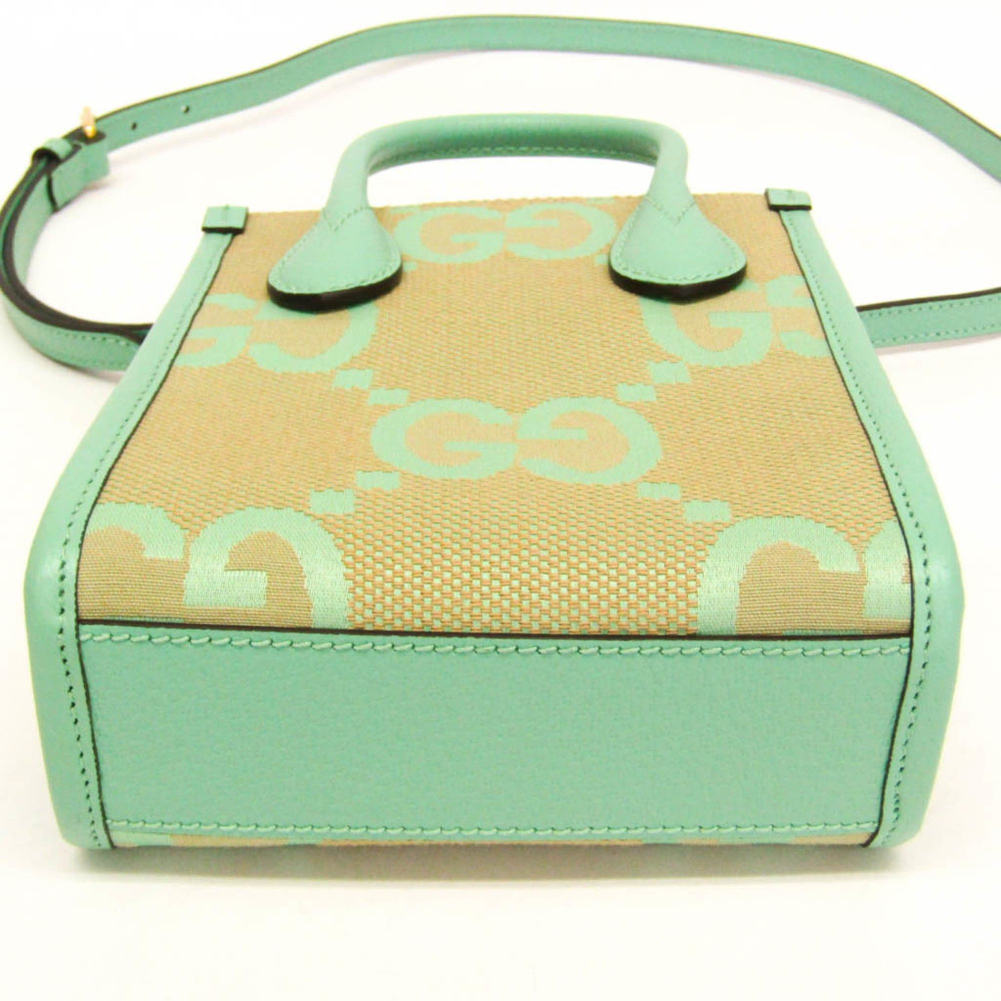 Gucci Gucci Jumbo GG 671623 Women's Canvas,Leather Handbag,Shoulder Bag Beige,Light Green Size ONE SIZE - 4 Thumbnail