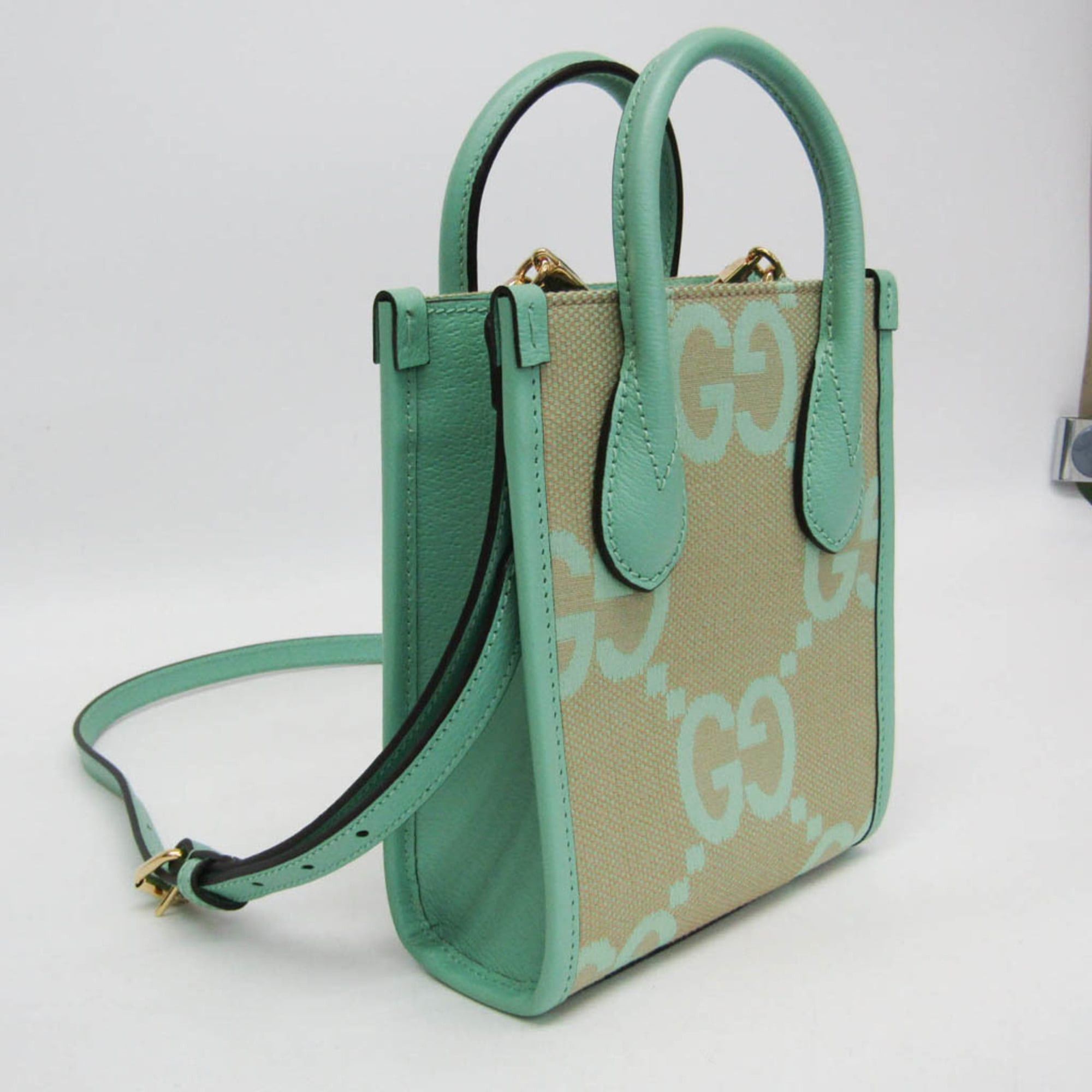 Gucci Gucci Jumbo GG 671623 Women's Canvas,Leather Handbag,Shoulder Bag Beige,Light Green Size ONE SIZE - 6 Thumbnail