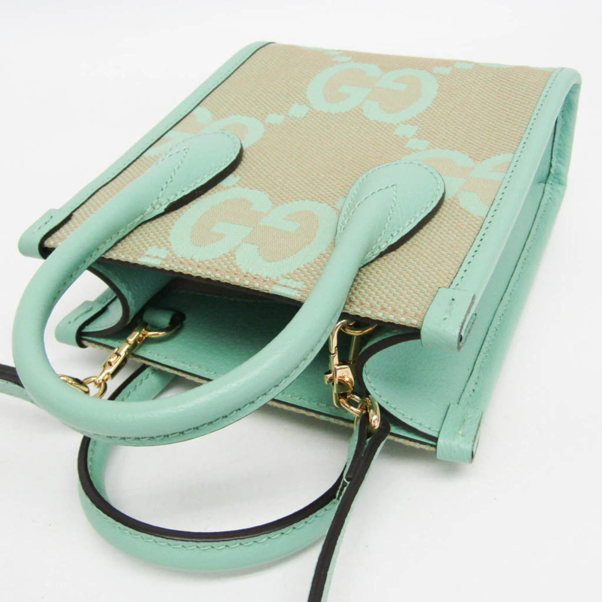 Gucci Gucci Jumbo GG 671623 Women's Canvas,Leather Handbag,Shoulder Bag Beige,Light Green Size ONE SIZE - 5 Thumbnail