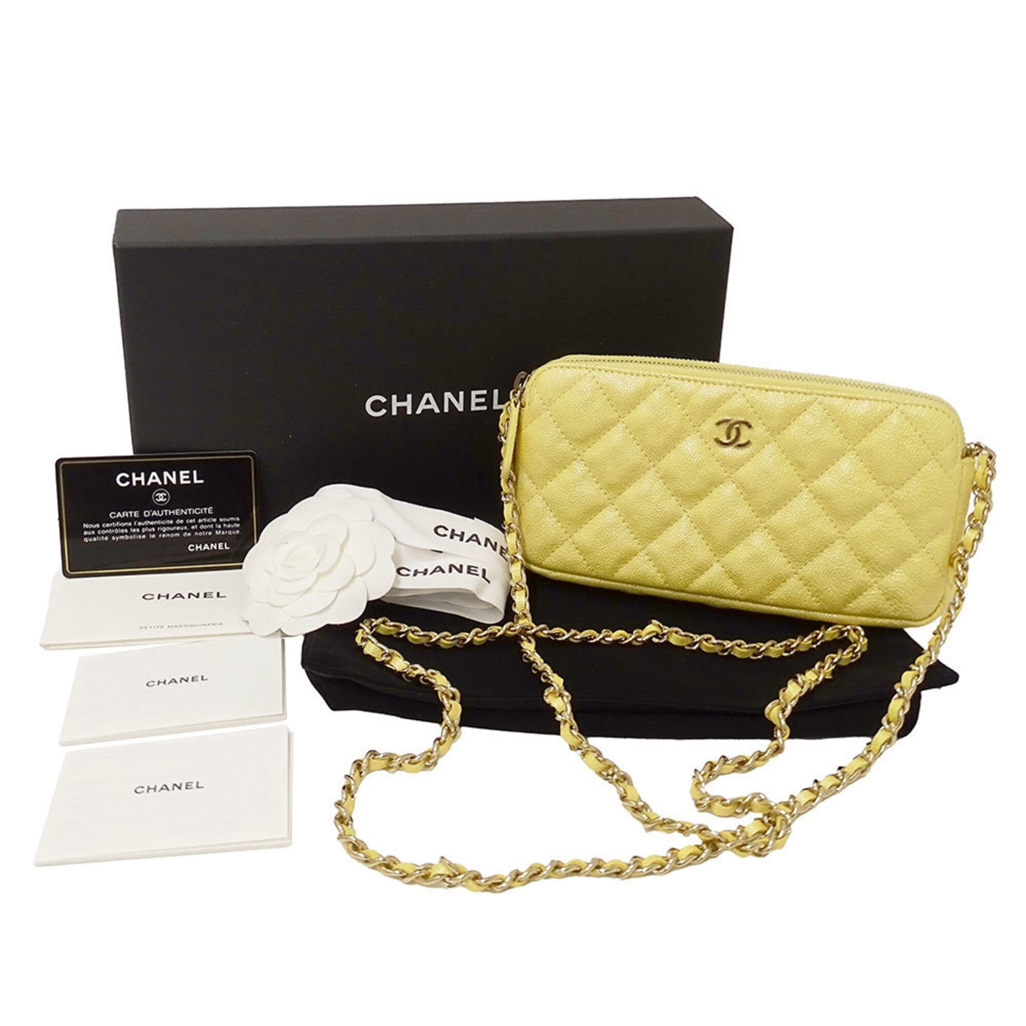 Chanel Chanel Women's Wallet, Brand Shoulder Matelassé Caviar Leather, Yellow, Gold Hardware, Chain Wallet Size ONE SIZE - 5 Thumbnail