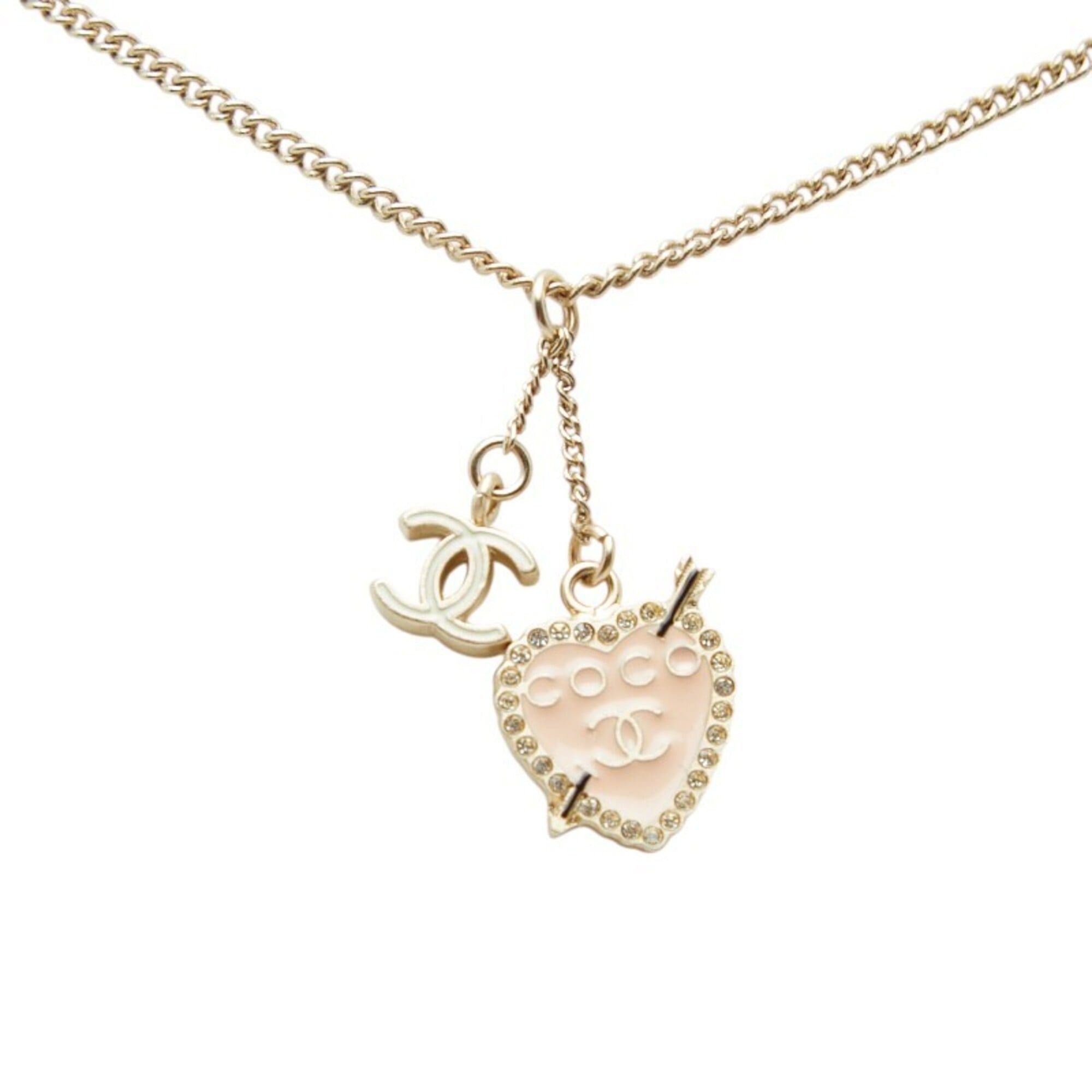 Chanel Chanel Coco Mark Heart & Arrow Rhinestone Pendant Necklace, 10 Stones, Gold Pink Plated Enamel, Women's CHANEL Size ONE SIZE - 2 Thumbnail