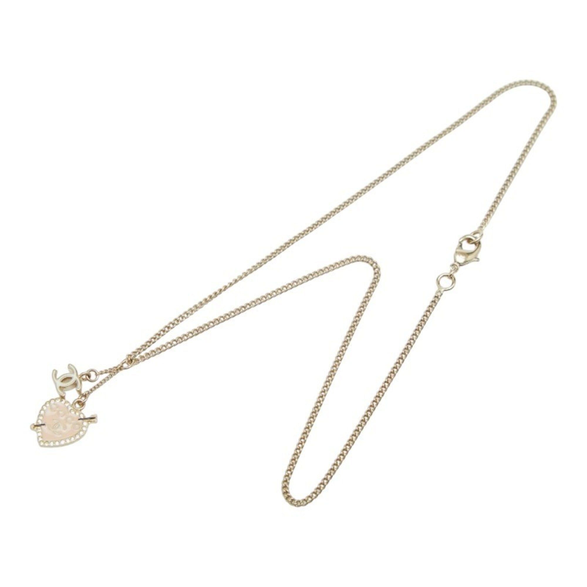 Chanel Chanel Coco Mark Heart & Arrow Rhinestone Pendant Necklace, 10 Stones, Gold Pink Plated Enamel, Women's CHANEL Size ONE SIZE - 4 Thumbnail
