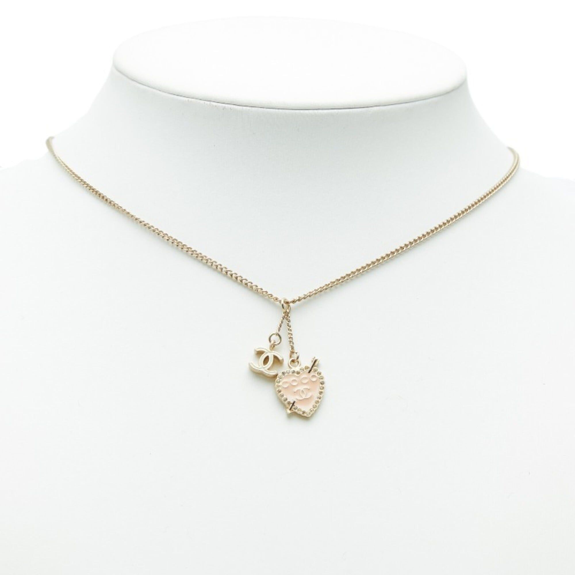 Chanel Chanel Coco Mark Heart & Arrow Rhinestone Pendant Necklace, 10 Stones, Gold Pink Plated Enamel, Women's CHANEL Size ONE SIZE - 6 Thumbnail