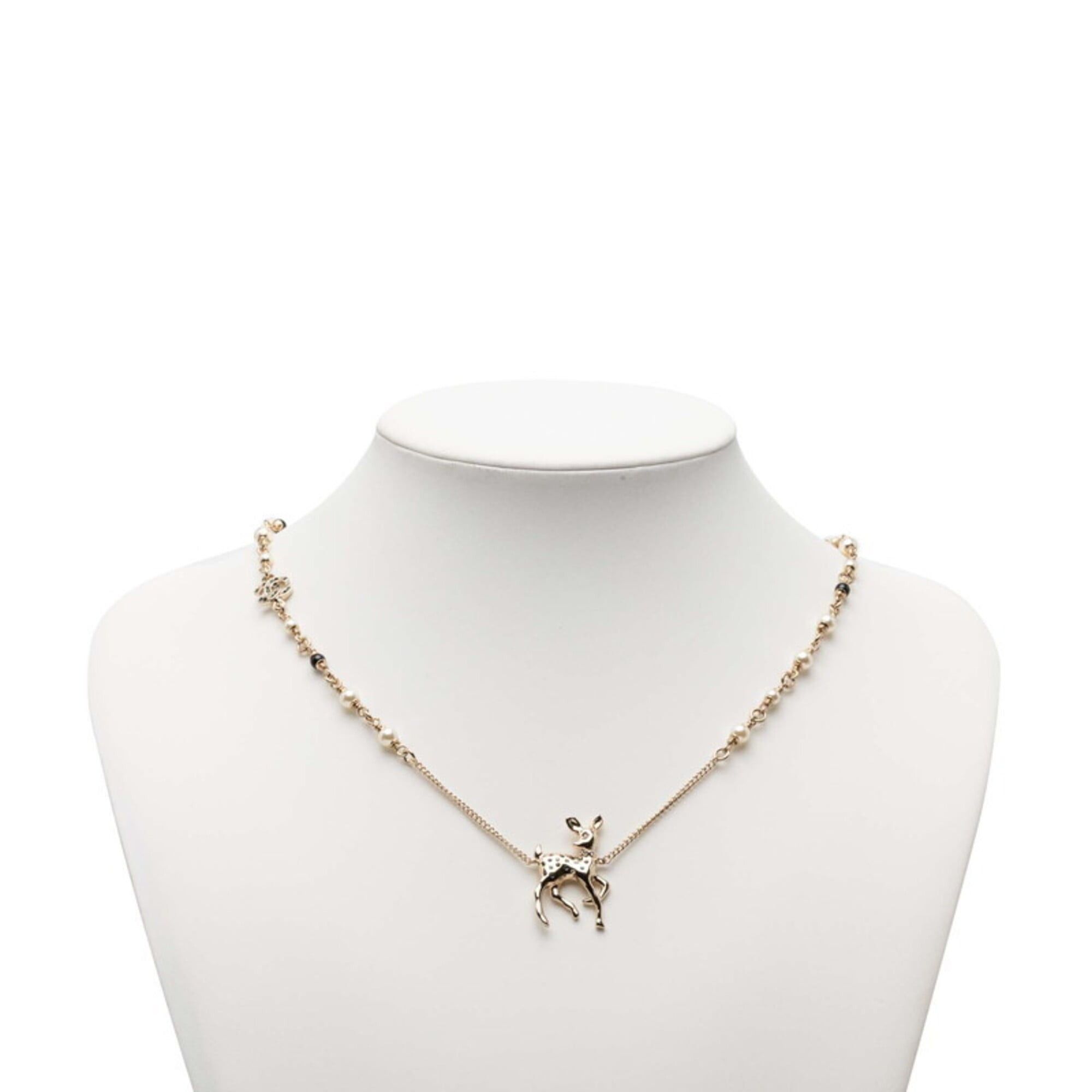 Chanel Chanel Coco Mark Deer Motif Chain Pendant Necklace, Gold Plated, Faux Pearl Rhinestone, Women's CHANEL Size ONE SIZE - 4 Thumbnail