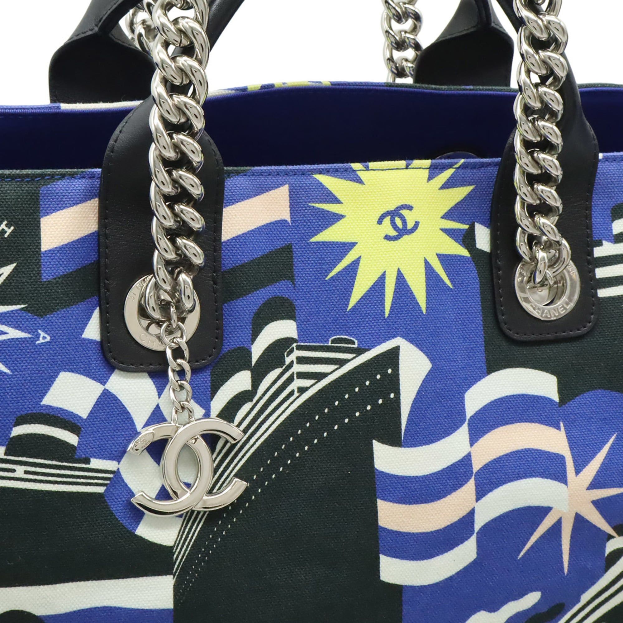 Chanel CHANEL La Pausa Tote Bag, Chain Shoulder Ship Motif, Canvas, Blue & Black, 2019 Cruise Collection Size ONE SIZE - 10 Thumbnail