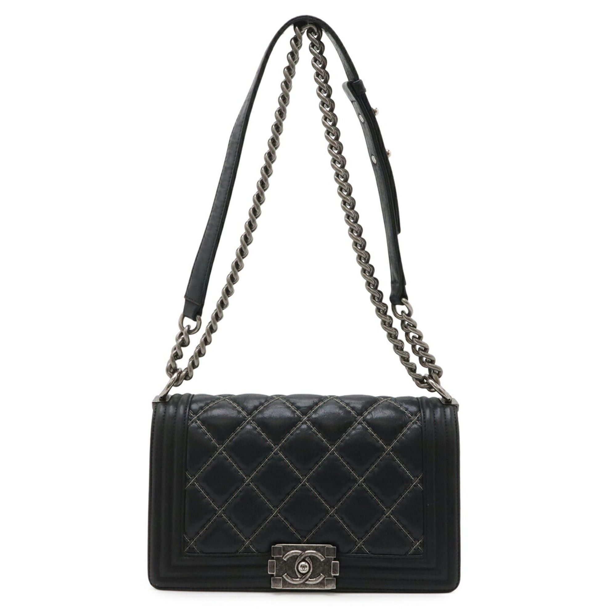 Chanel CHANEL Boy Chanel 25 Coco Mark Beaded Chain Shoulder Bag Leather Black Silver Size ONE SIZE - 2 Thumbnail