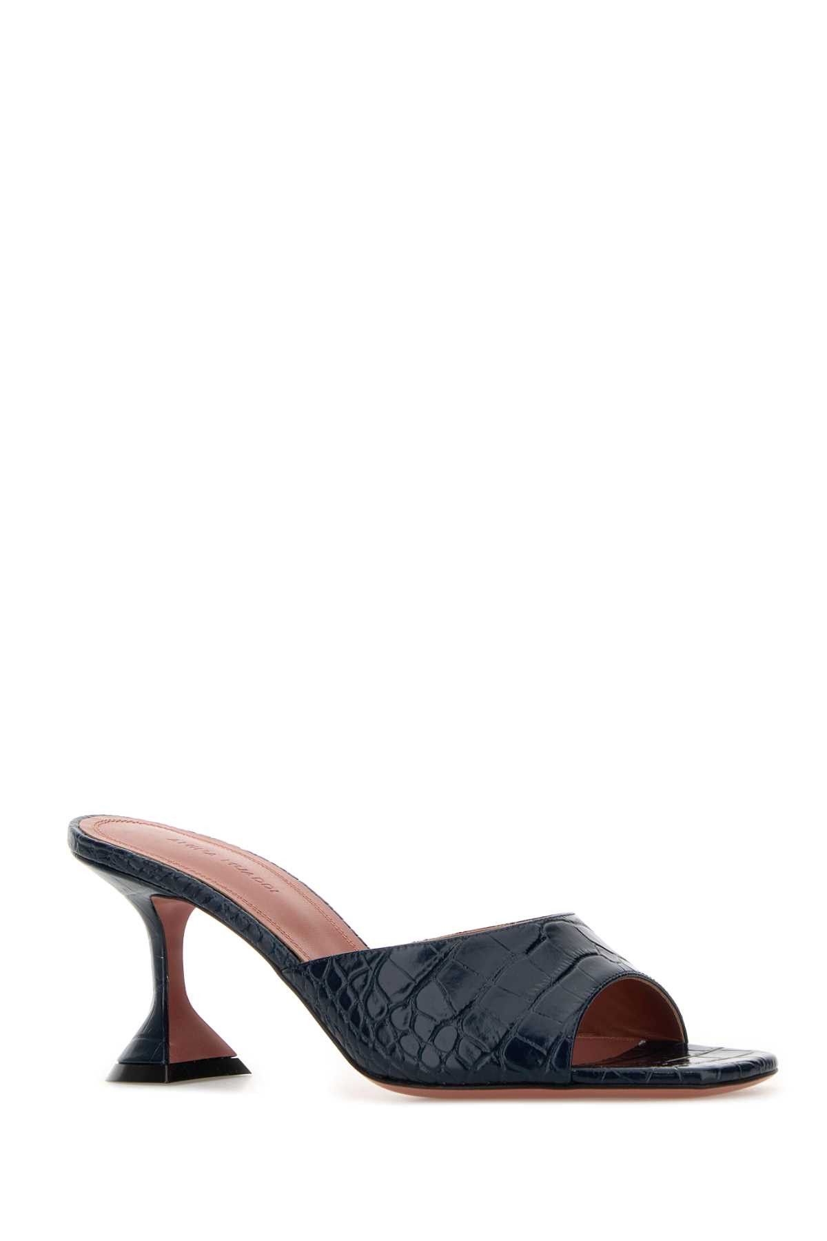 Amina Muaddi Navy Blue Leather Lupita Mules Size US 8 / IT 38 - 2 Thumbnail