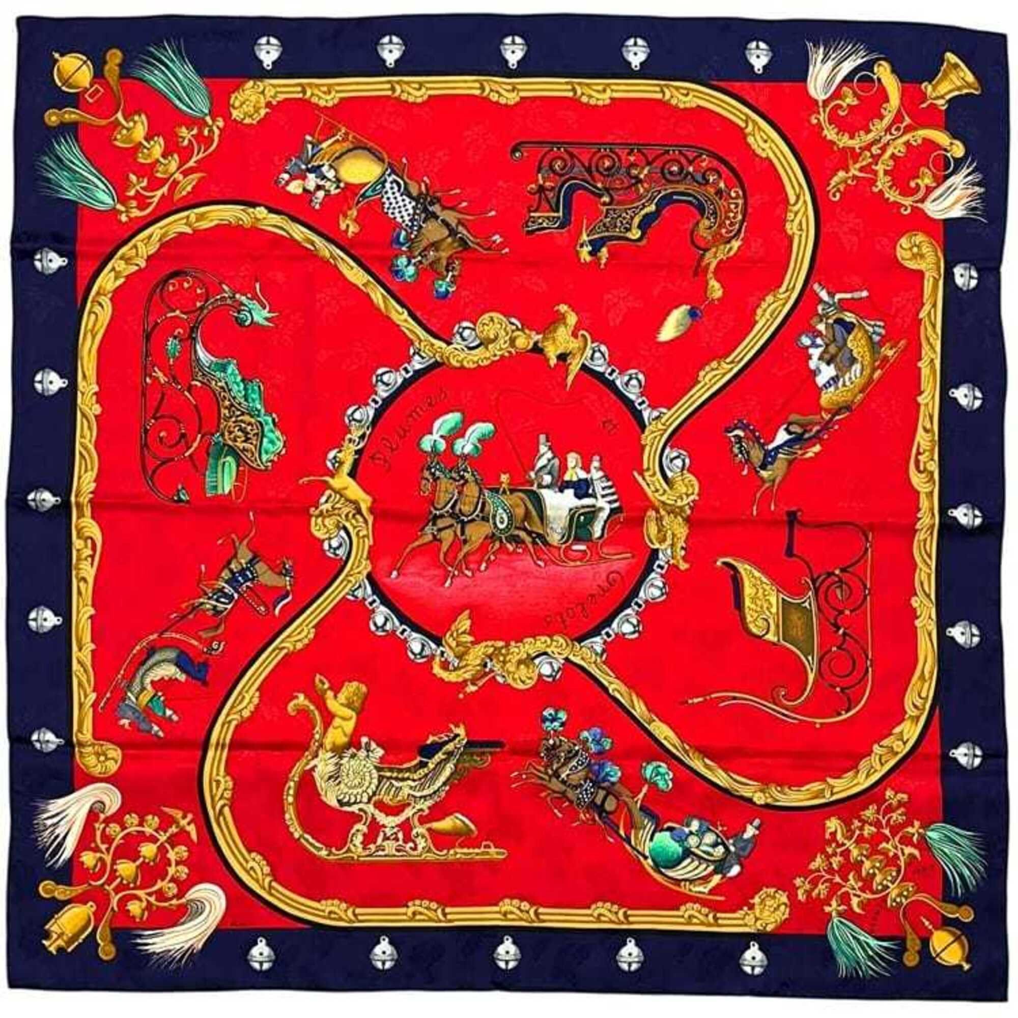 Hermes Hermes Scarf/Muffler, Carre 90, ec-25416, Red/Navy, Feather and Bell Design, Large Size, 100% Silk Size ONE SIZE - 2 Thumbnail