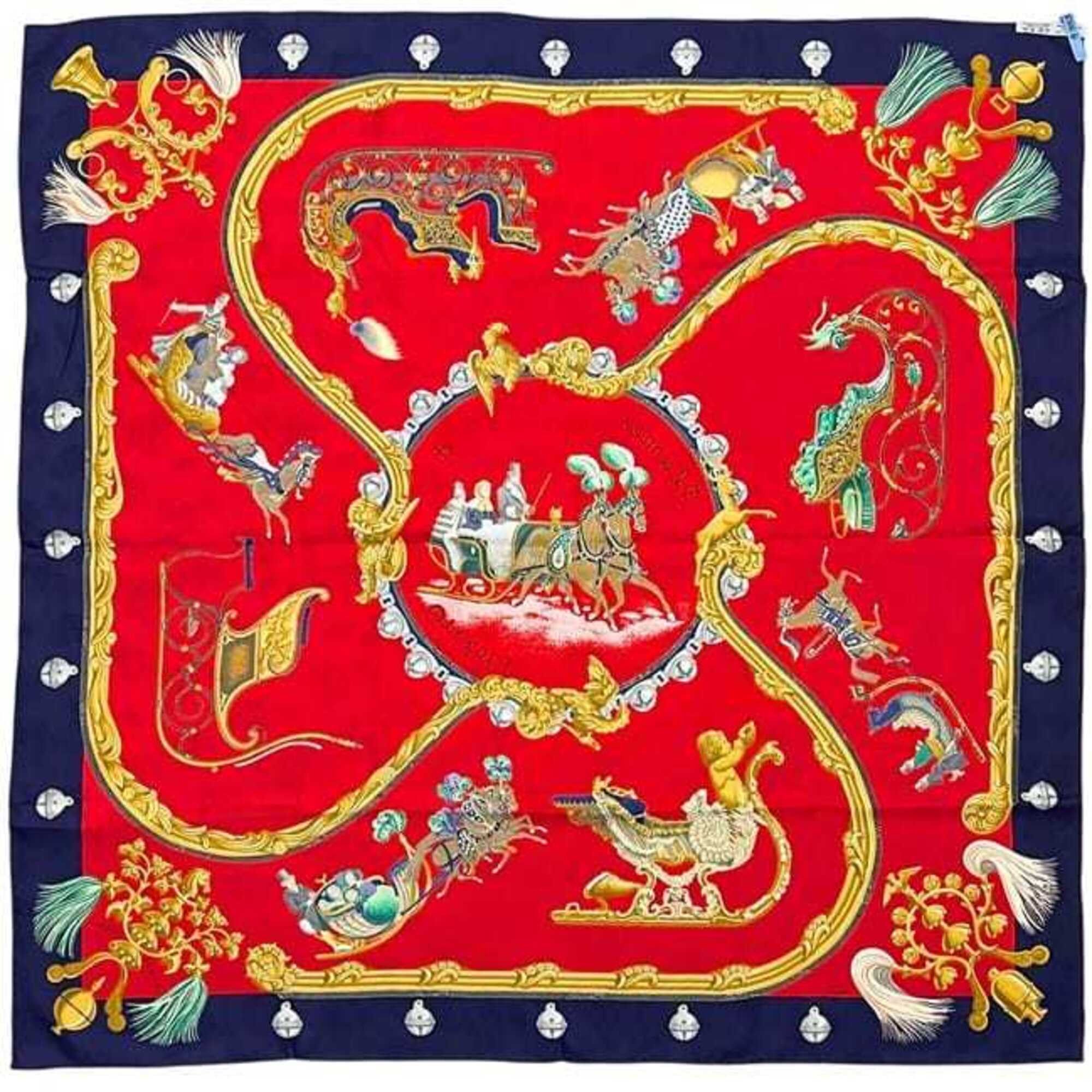 Hermes Hermes Scarf/Muffler, Carre 90, ec-25416, Red/Navy, Feather and Bell Design, Large Size, 100% Silk Size ONE SIZE - 3 Thumbnail