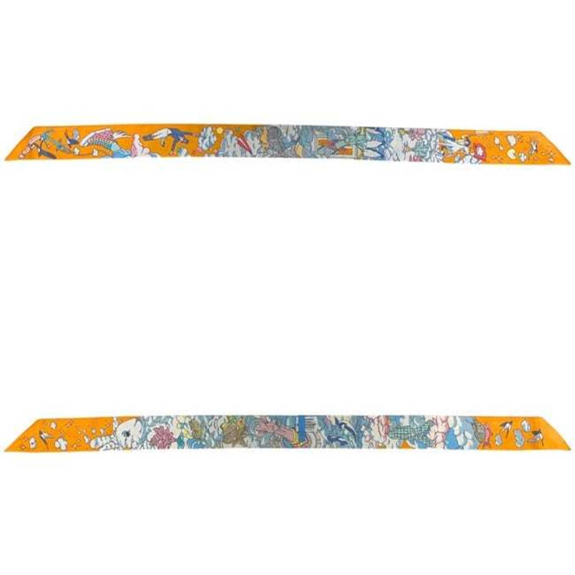 Hermes Hermes Ribbon Twilly Light Blue Orange Animal Print Scarf Muffler 100% Silk HERMES Size ONE SIZE - 3 Thumbnail