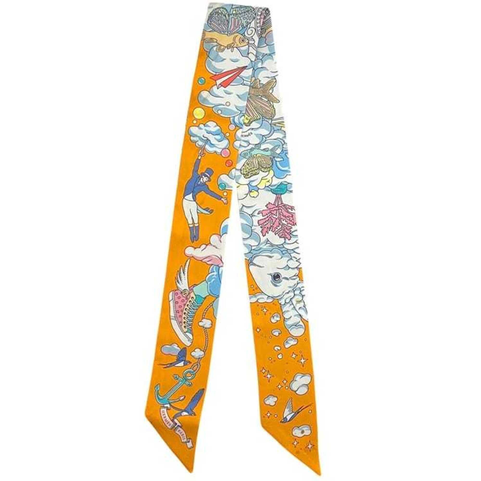 Hermes Hermes Ribbon Twilly Light Blue Orange Animal Print Scarf Muffler 100% Silk HERMES Size ONE SIZE - 2 Thumbnail