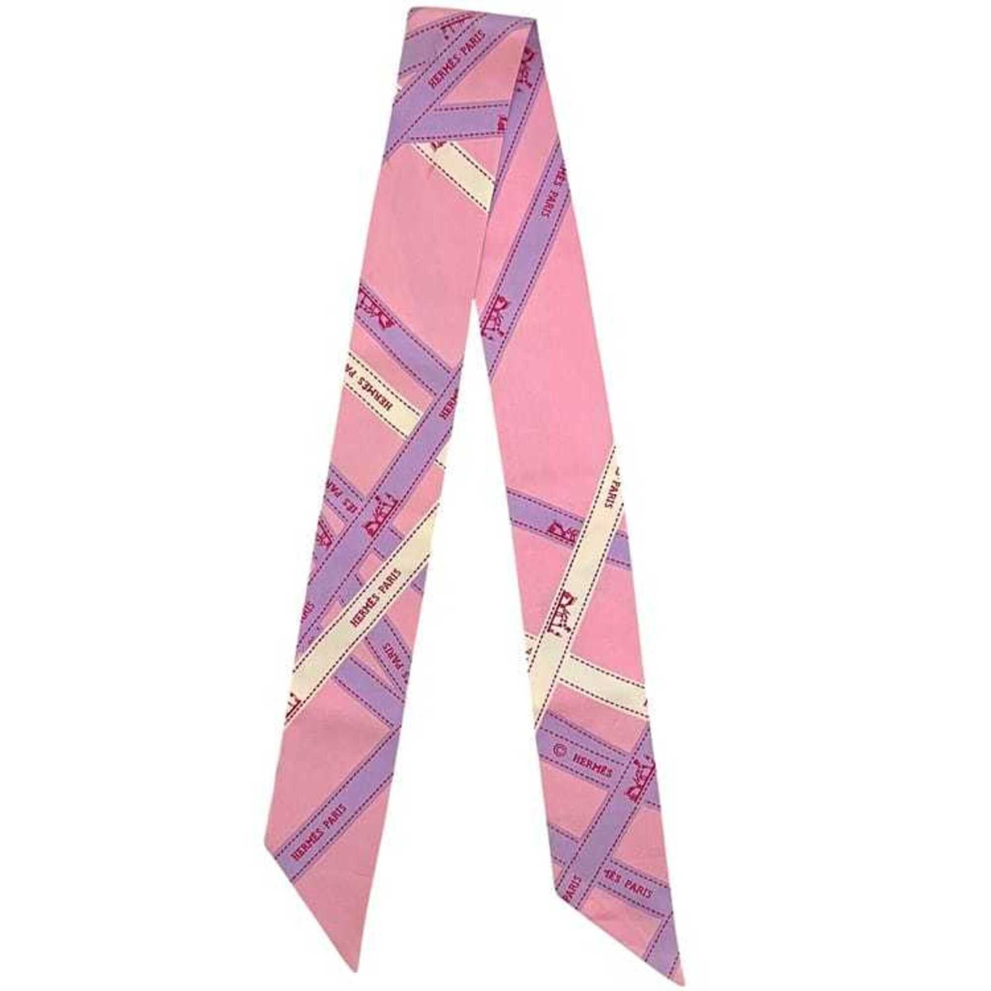Hermes Hermes Ribbon Twilly Pink Boldic Pattern Scarf Muffler 100% Silk HERMES Size ONE SIZE - 2 Thumbnail