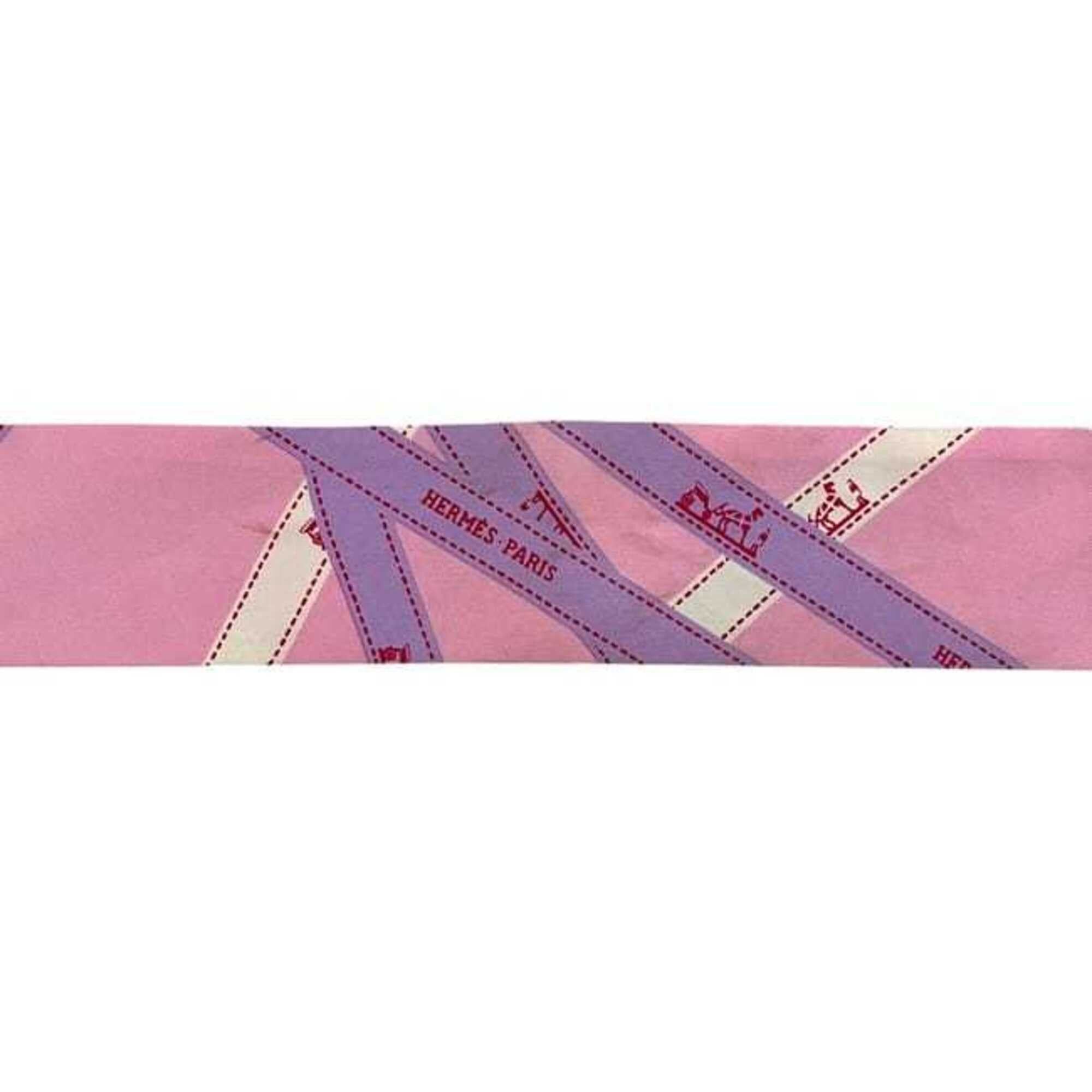 Hermes Hermes Ribbon Twilly Pink Boldic Pattern Scarf Muffler 100% Silk HERMES Size ONE SIZE - 7 Thumbnail