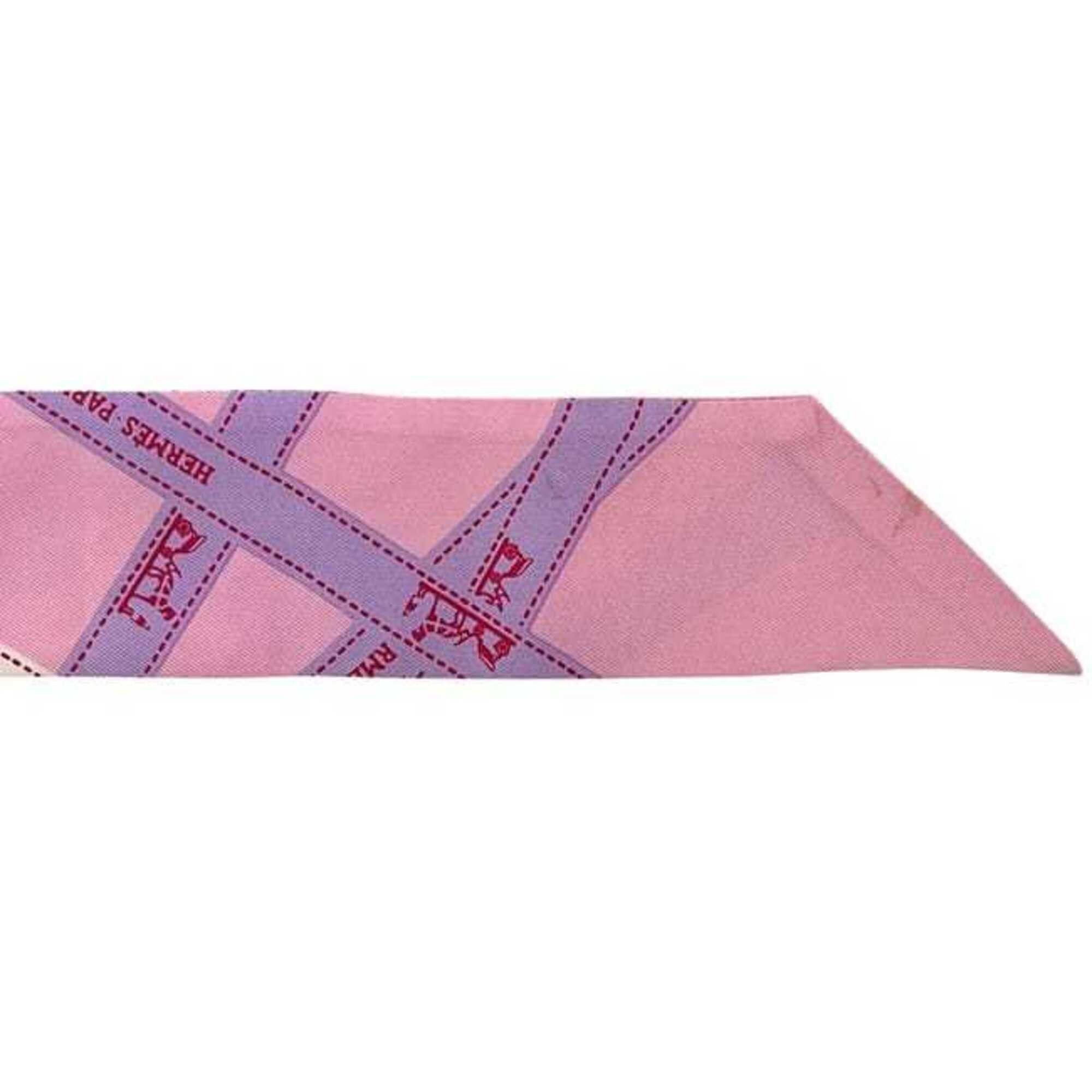 Hermes Hermes Ribbon Twilly Pink Boldic Pattern Scarf Muffler 100% Silk HERMES Size ONE SIZE - 8 Thumbnail