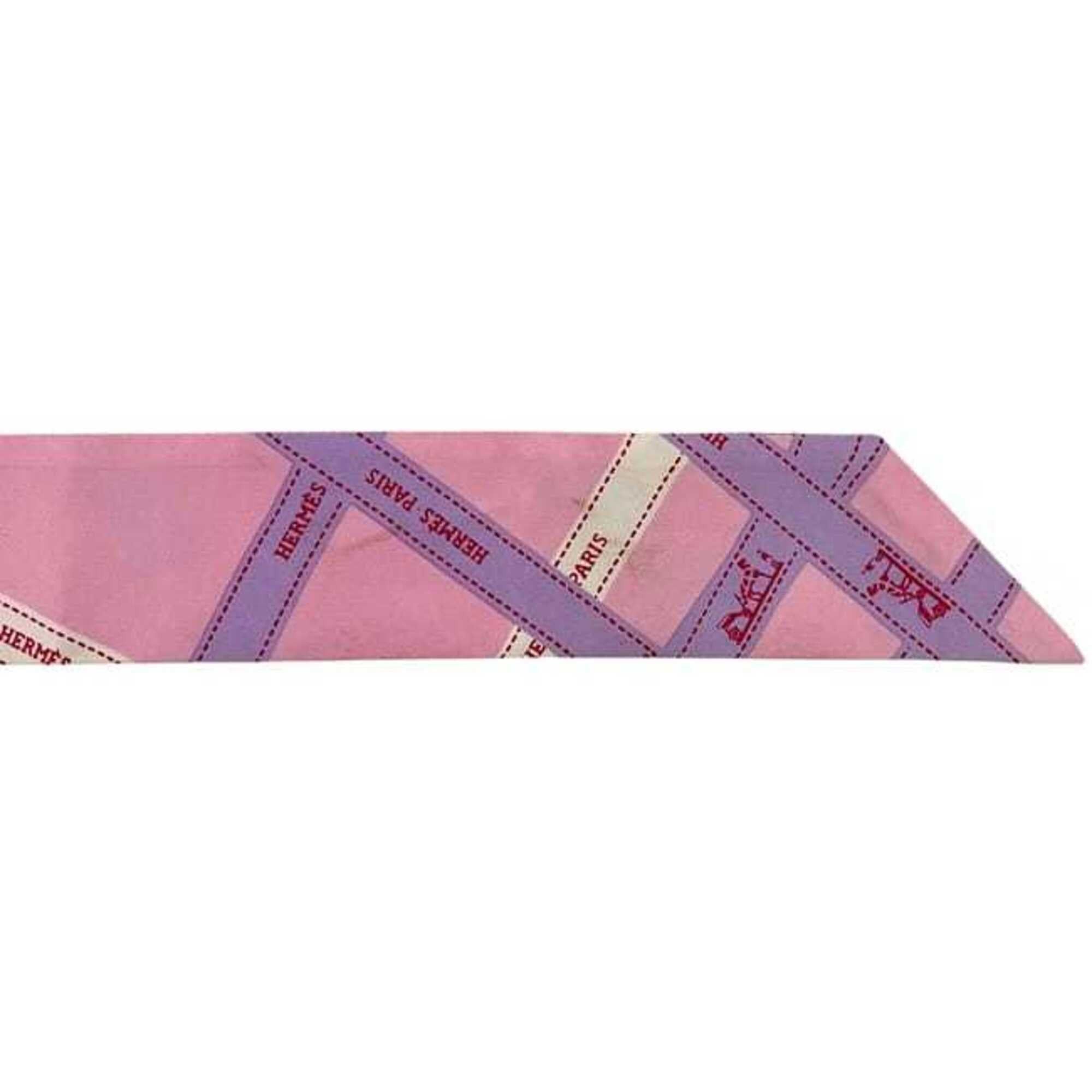 Hermes Hermes Ribbon Twilly Pink Boldic Pattern Scarf Muffler 100% Silk HERMES Size ONE SIZE - 10 Thumbnail