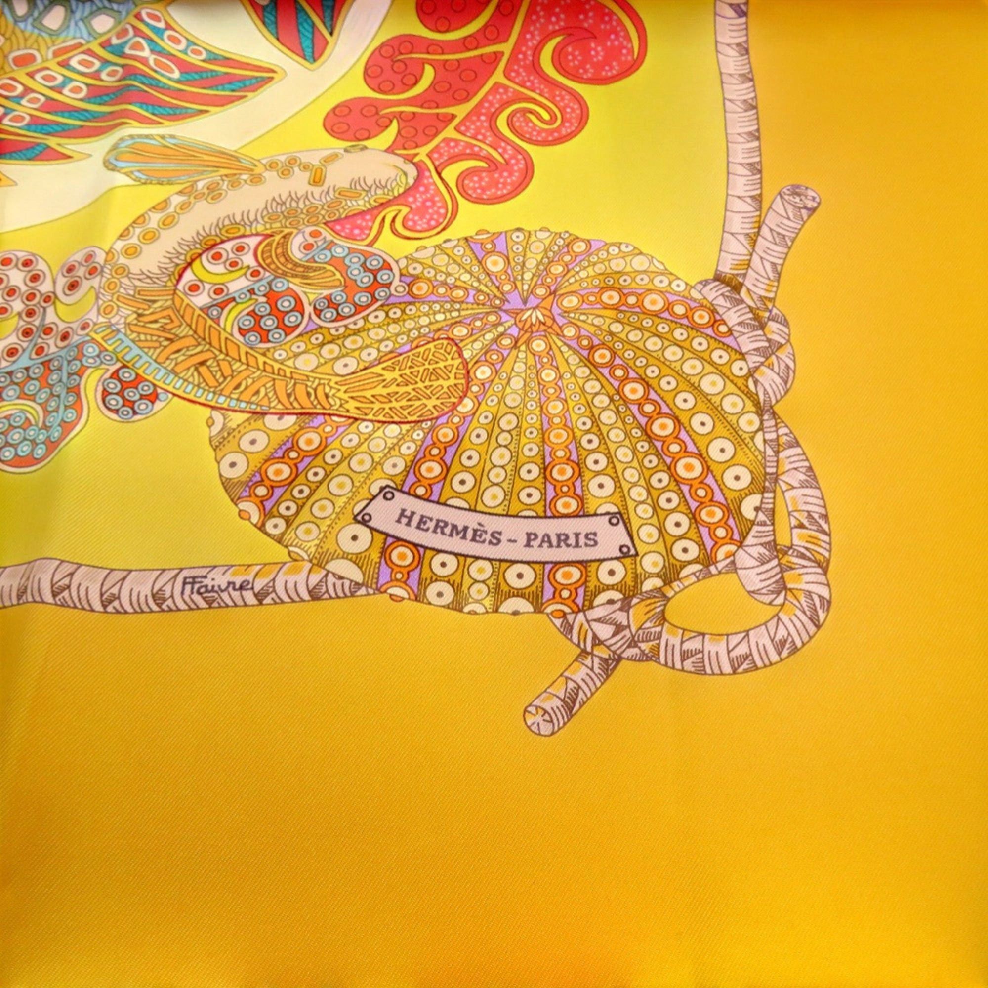 Hermes Like New Hermes Carre 90 GRANDS FONDS Deep Sea Silk Scarf/Muffler, Yellow 1799HERMES Size ONE SIZE - 2 Thumbnail
